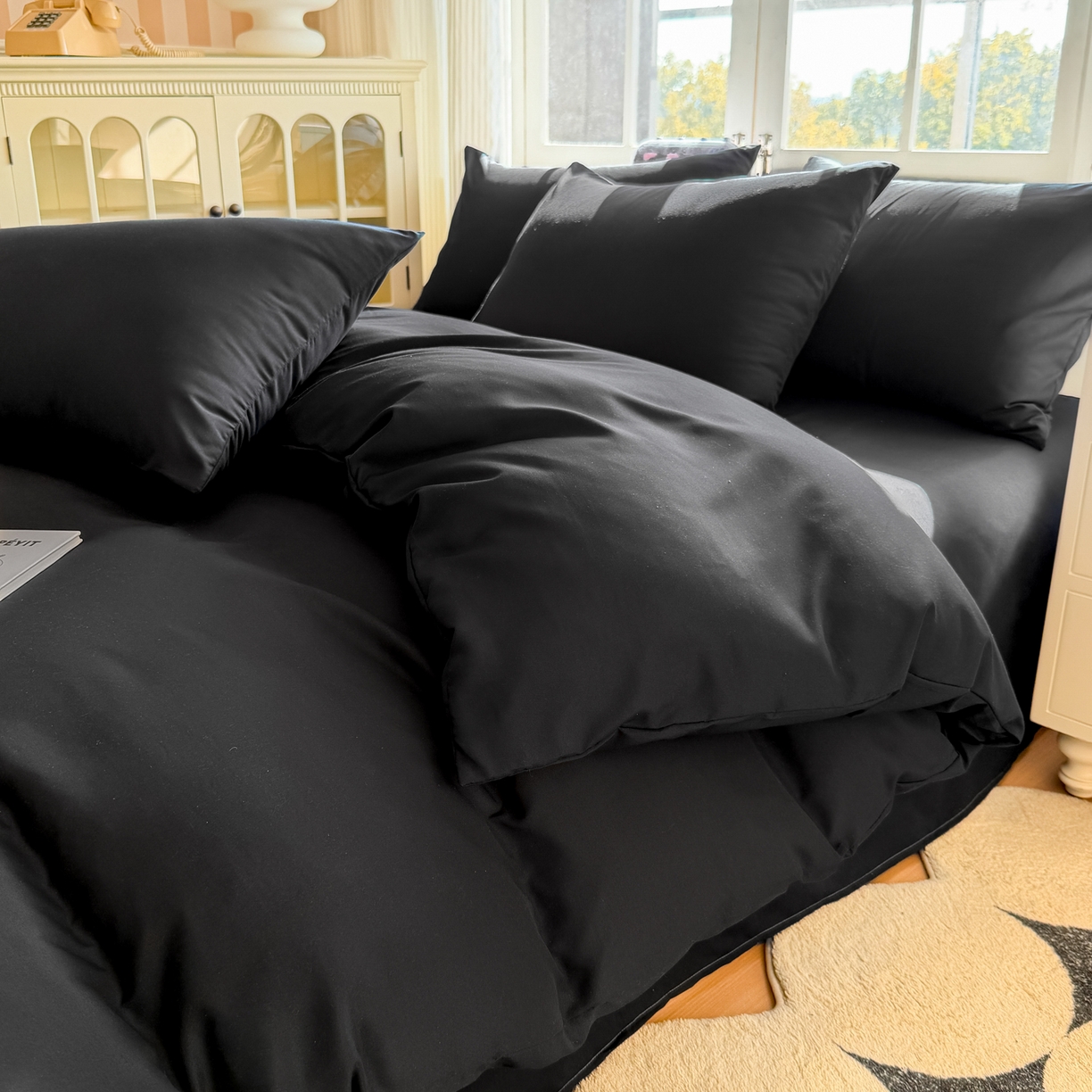 91家纺网 家纺一手货源 找家纺 赫然家纺 2026新款纯色磨毛系列床笠款四件套 纯黑色