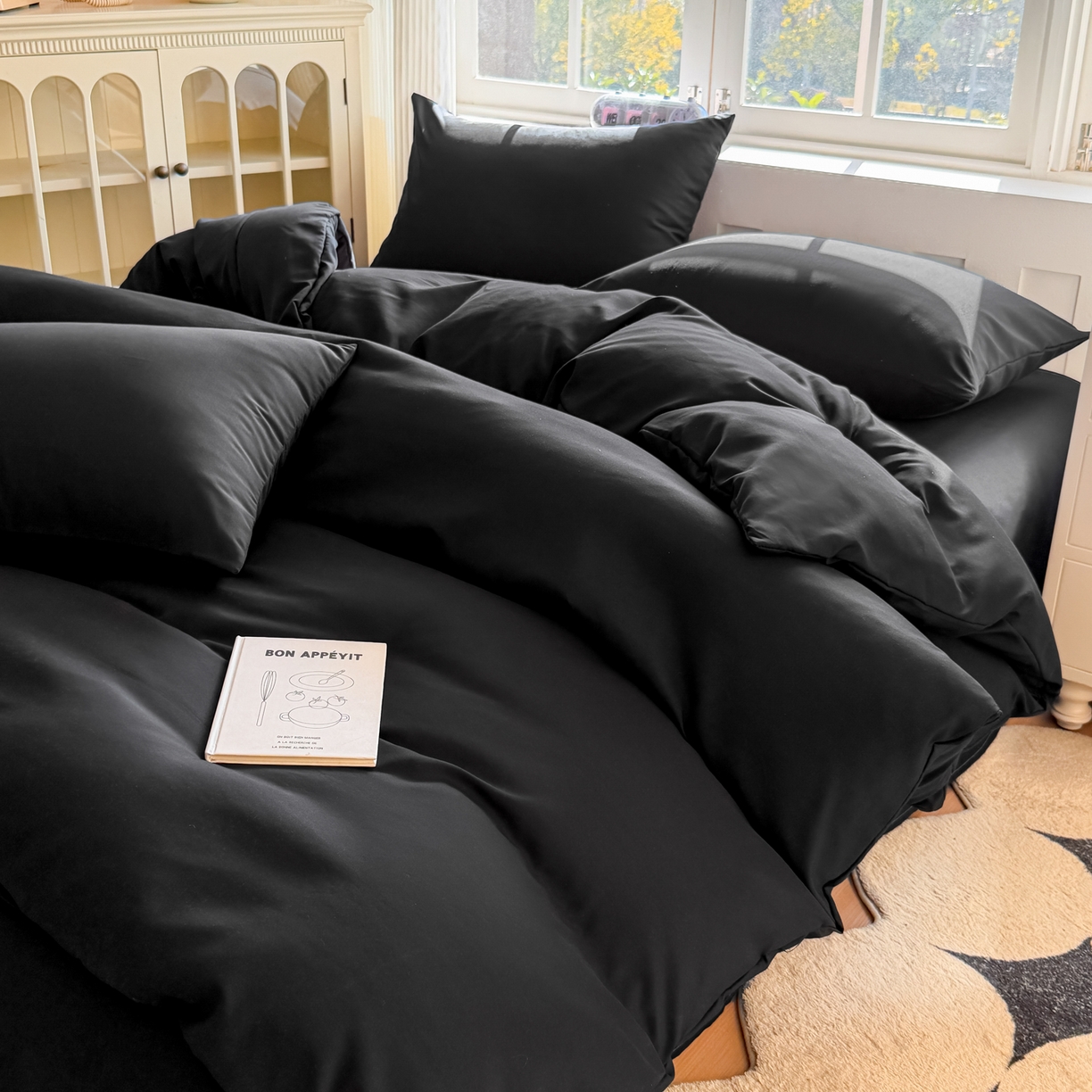 91家纺网 家纺一手货源 找家纺 赫然家纺 2026新款纯色磨毛系列床笠款四件套 纯黑色