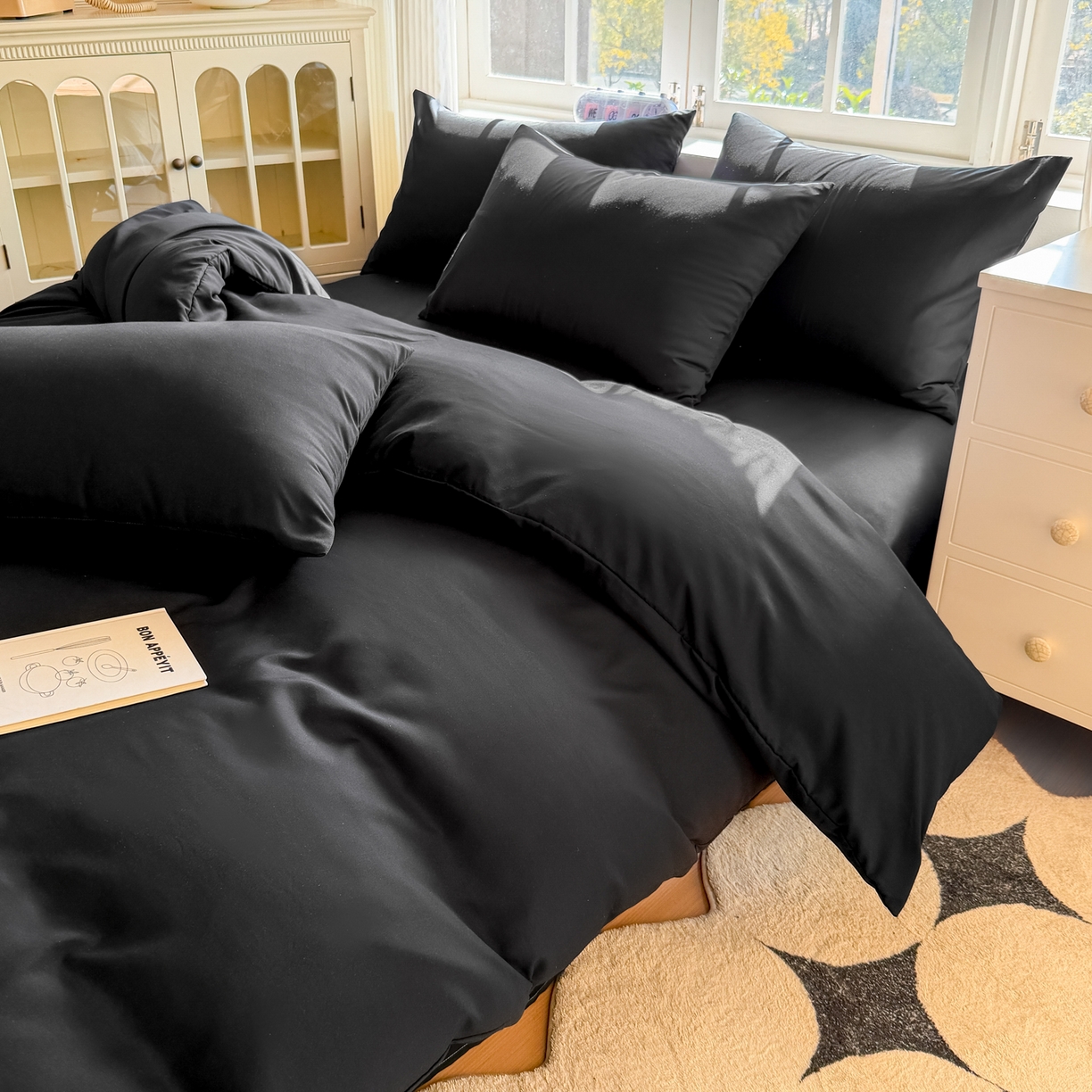 91家纺网 家纺一手货源 找家纺 赫然家纺 2026新款纯色磨毛系列床笠款四件套 纯黑色