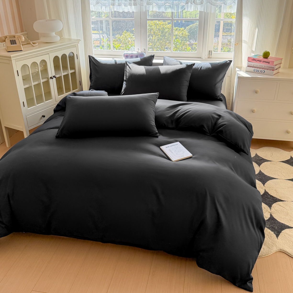 91家纺网 家纺一手货源 找家纺 赫然家纺 2026新款纯色磨毛系列床单款四件套 纯黑色