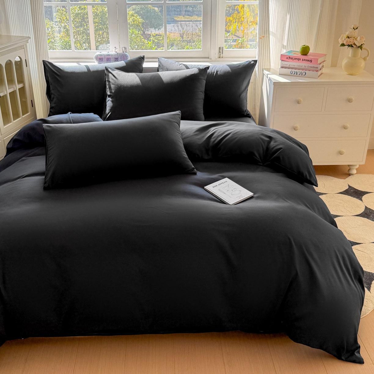 91家纺网 家纺一手货源 找家纺 赫然家纺 2026新款纯色磨毛系列床单款四件套 纯黑色