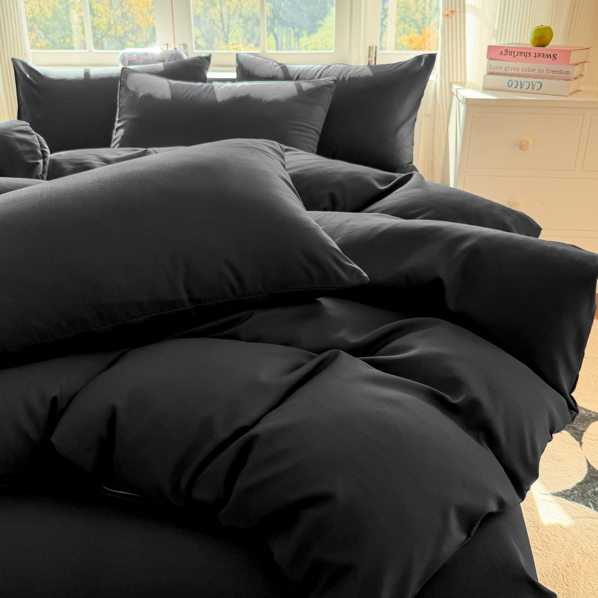 赫然家纺 2026新款纯色磨毛系列床单款四件套 纯黑色