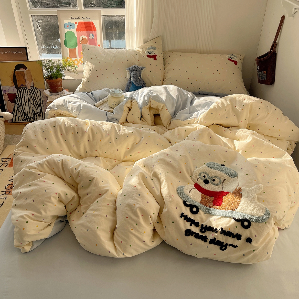 91家纺网 家纺一手货源 找家纺 （总）沐芷 2026 【提供买家秀】水洗棉四件套毛巾绣A类仿棉床上用品床单被套三件套可爱小清新