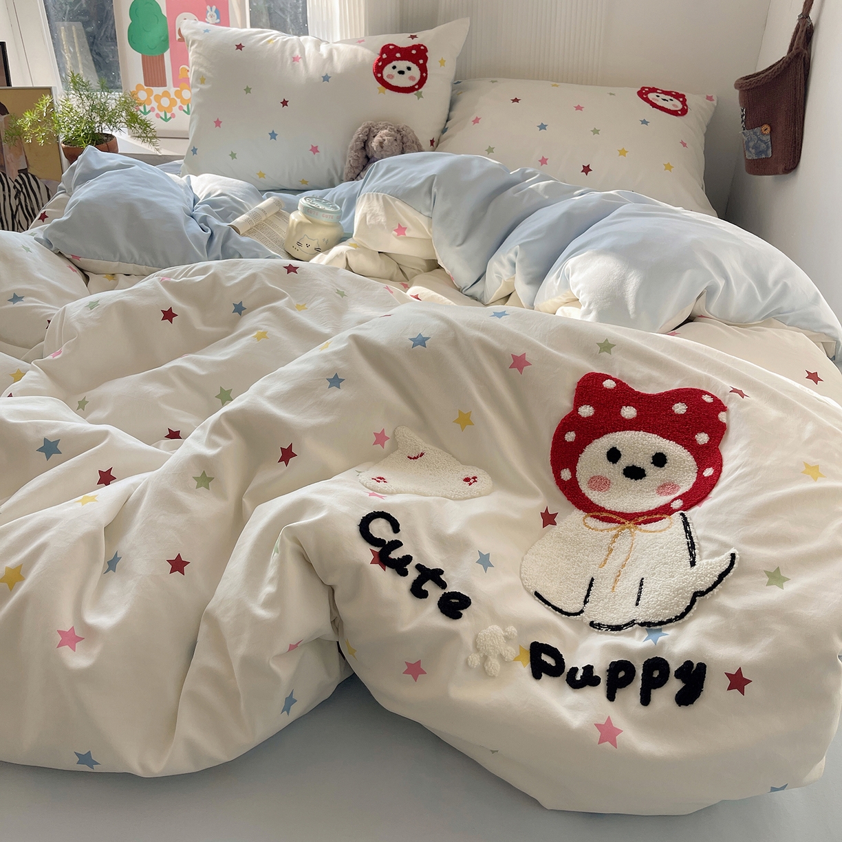 沐芷 2026 【提供买家秀】水洗棉四件套毛巾绣A类仿棉床上用品床单被套三件套可爱小清新 毛巾绣-呆萌小红帽