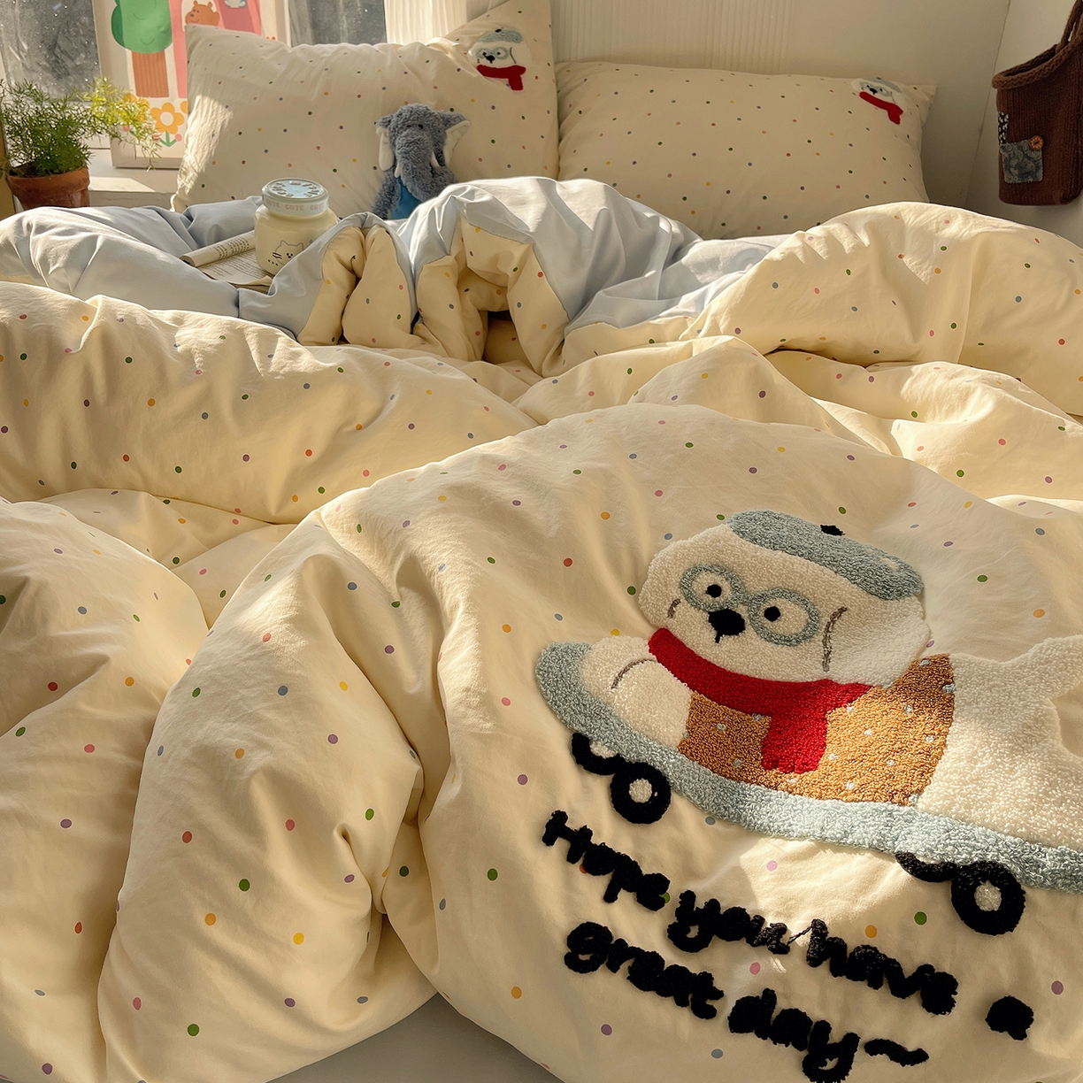 91家纺网 家纺一手货源 找家纺 （总）沐芷 2026 【提供买家秀】水洗棉四件套毛巾绣A类仿棉床上用品床单被套三件套可爱小清新