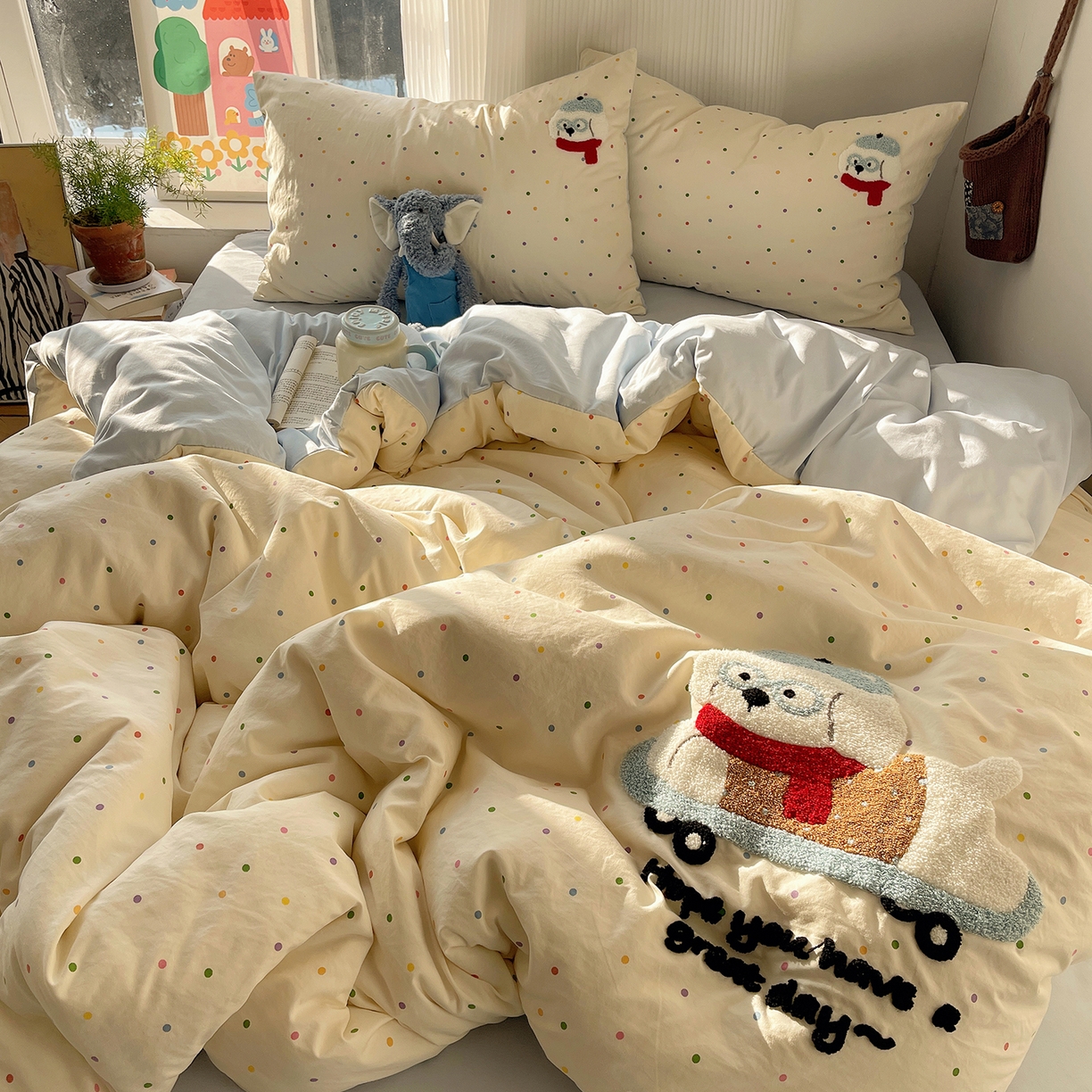 91家纺网 家纺一手货源 找家纺 （总）沐芷 2026 【提供买家秀】水洗棉四件套毛巾绣A类仿棉床上用品床单被套三件套可爱小清新