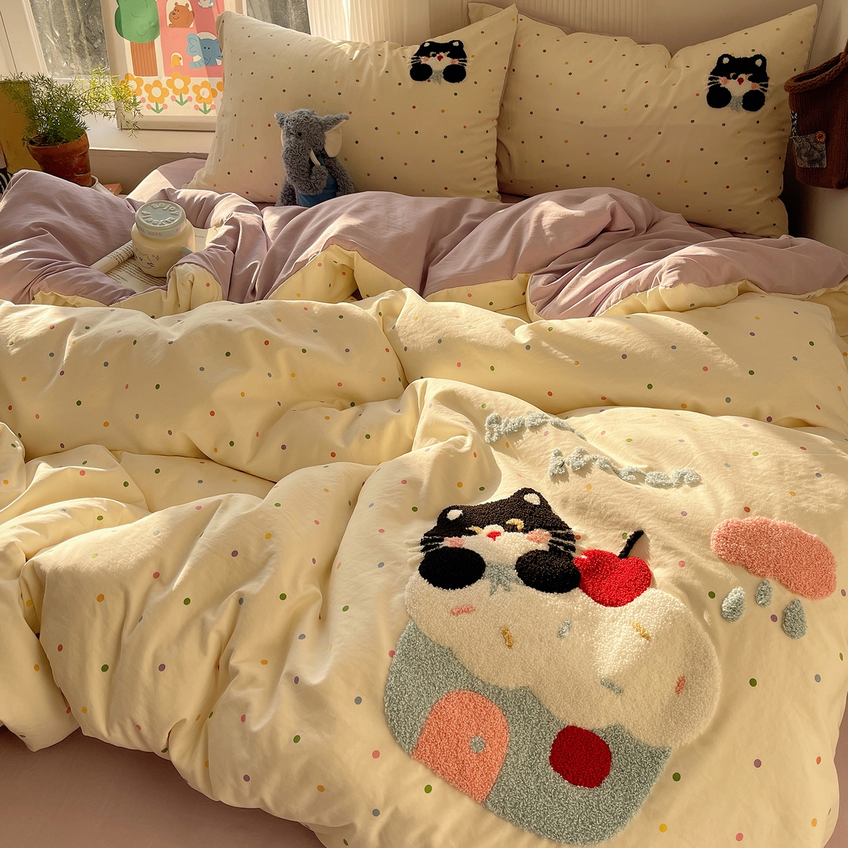 91家纺网 家纺一手货源 找家纺 （总）沐芷 2026 【提供买家秀】水洗棉四件套毛巾绣A类仿棉床上用品床单被套三件套可爱小清新