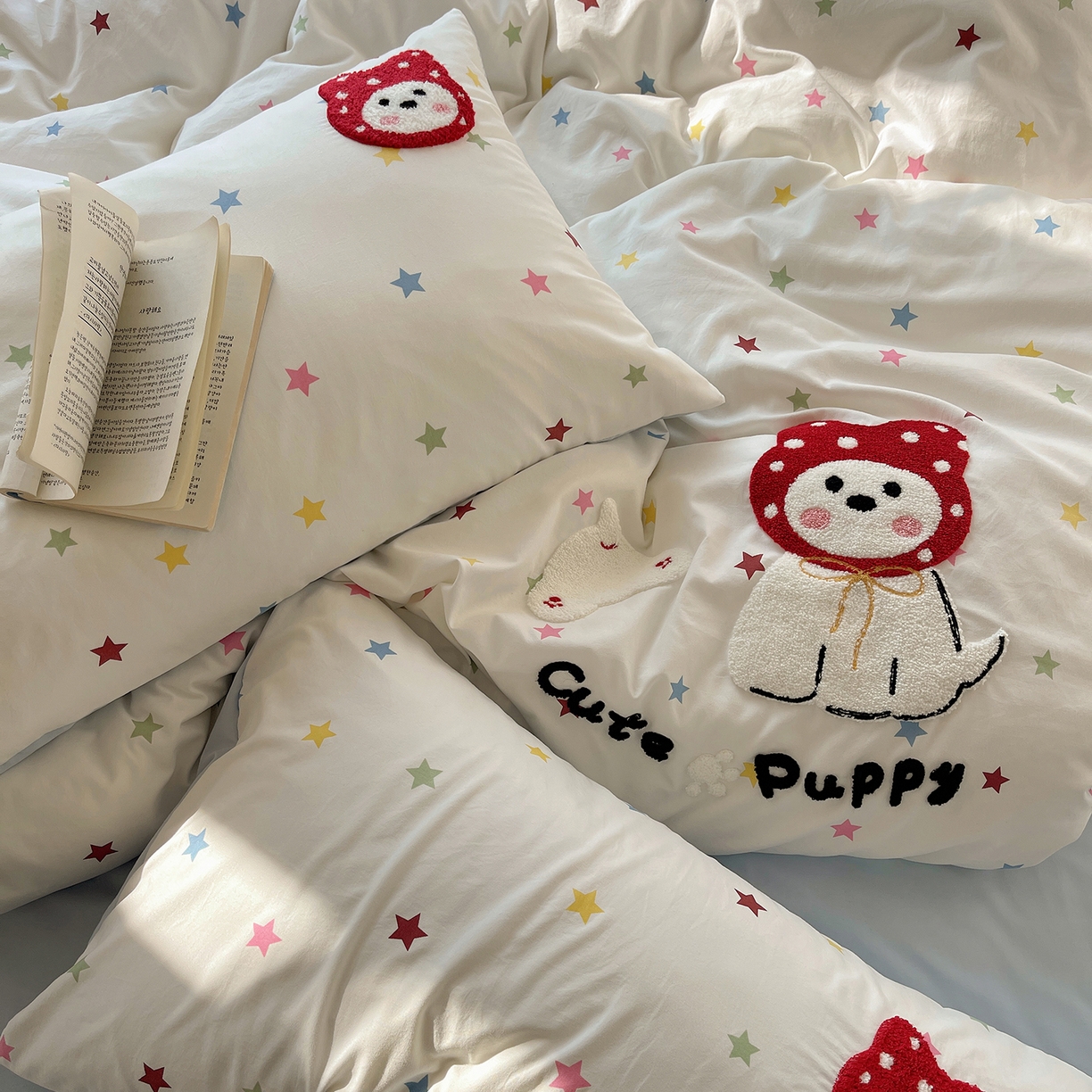 91家纺网 家纺一手货源 找家纺 沐芷 2026 【提供买家秀】水洗棉四件套毛巾绣A类仿棉床上用品床单被套三件套可爱小清新 毛巾绣-呆萌小红帽