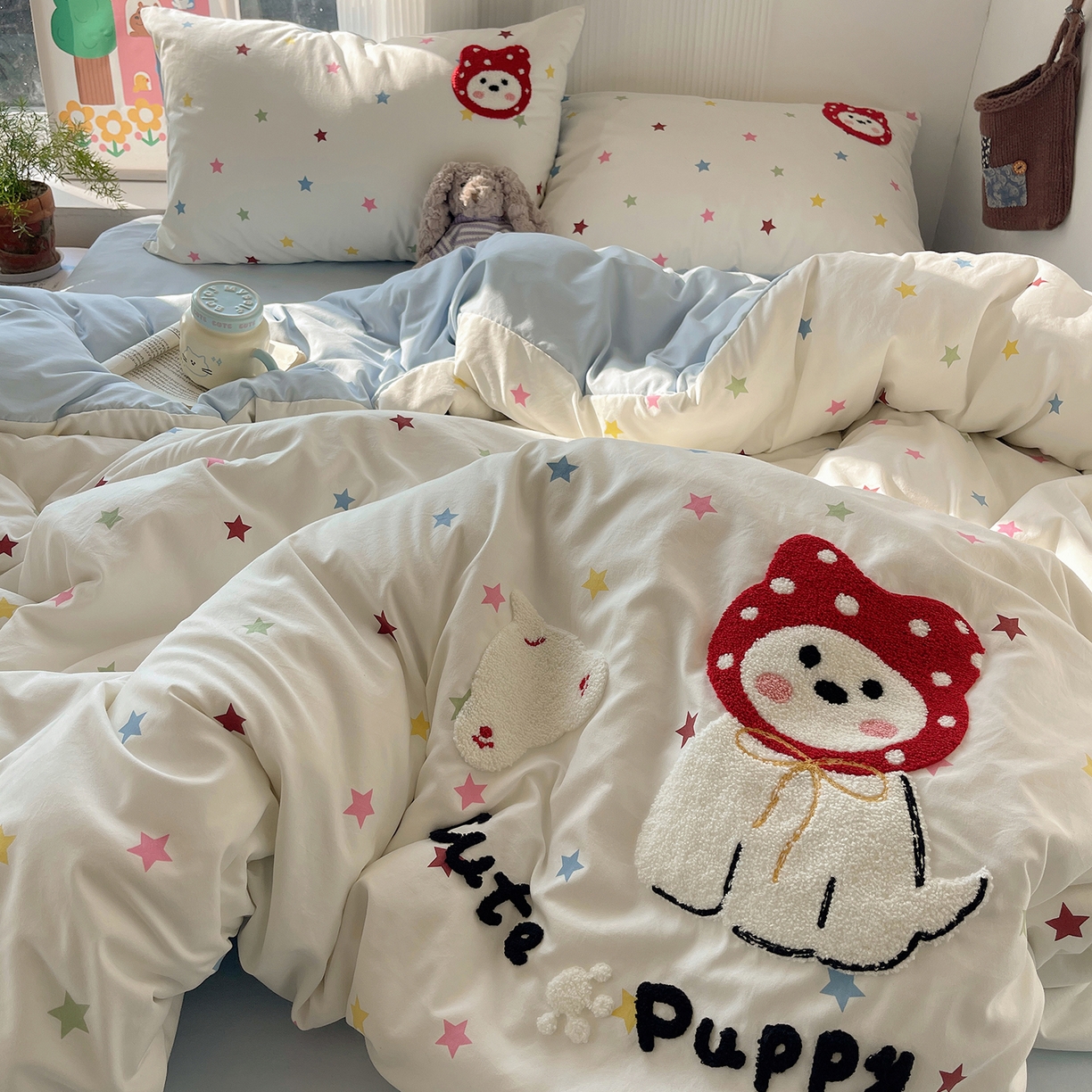 91家纺网 家纺一手货源 找家纺 沐芷 2026 【提供买家秀】水洗棉四件套毛巾绣A类仿棉床上用品床单被套三件套可爱小清新 毛巾绣-呆萌小红帽