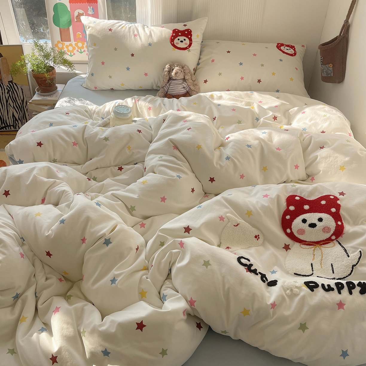 91家纺网 家纺一手货源 找家纺 沐芷 2026 【提供买家秀】水洗棉四件套毛巾绣A类仿棉床上用品床单被套三件套可爱小清新 毛巾绣-呆萌小红帽