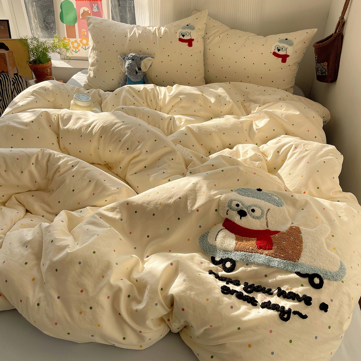 91家纺网 家纺一手货源 找家纺 （总）沐芷 2026 【提供买家秀】水洗棉四件套毛巾绣A类仿棉床上用品床单被套三件套可爱小清新