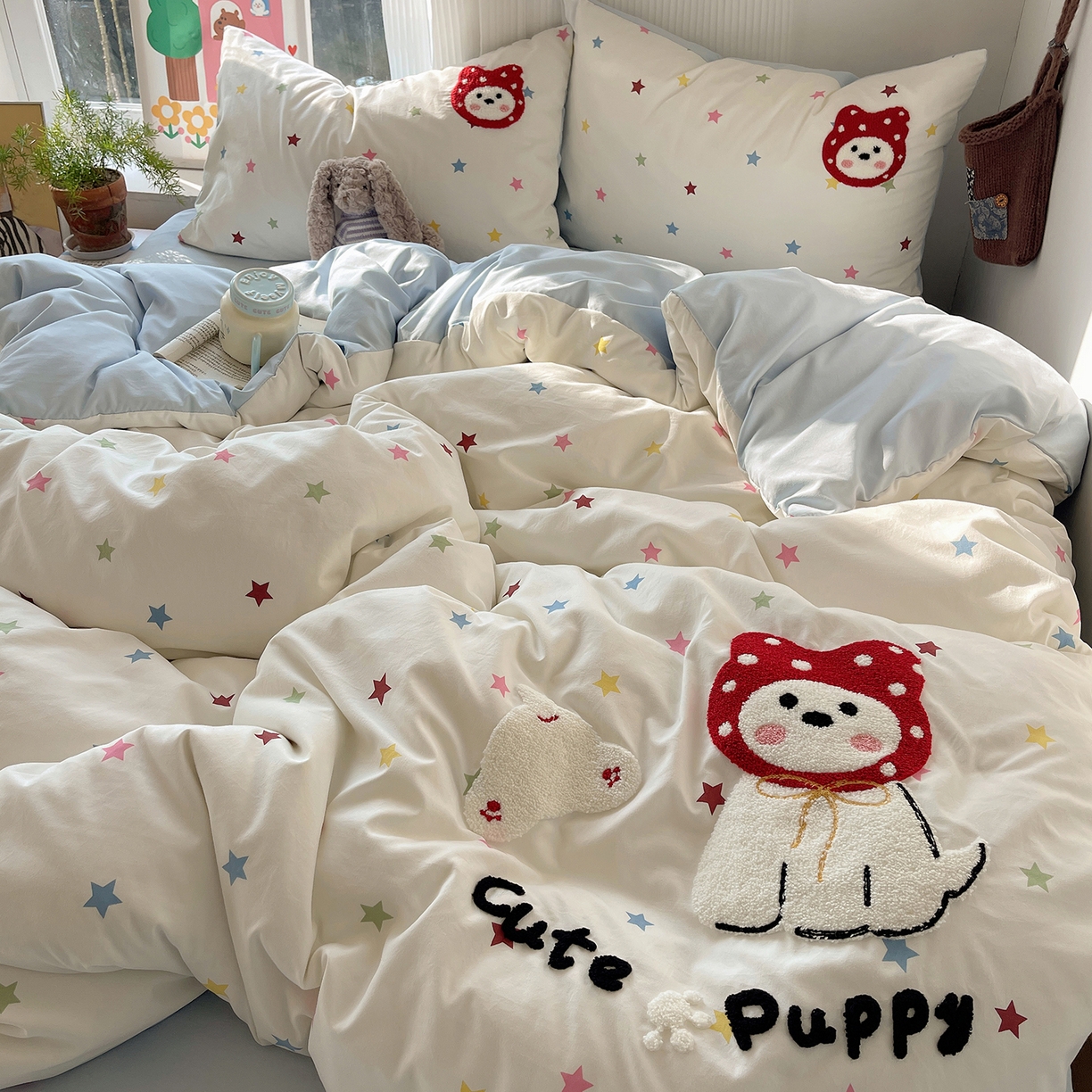 91家纺网 家纺一手货源 找家纺 沐芷 2026 【提供买家秀】水洗棉四件套毛巾绣A类仿棉床上用品床单被套三件套可爱小清新 毛巾绣-呆萌小红帽