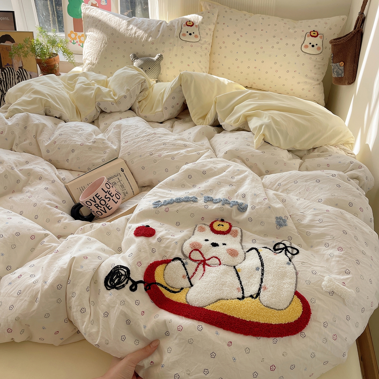 91家纺网 家纺一手货源 找家纺 （总）沐芷 2026 【提供买家秀】水洗棉四件套毛巾绣A类仿棉床上用品床单被套三件套可爱小清新