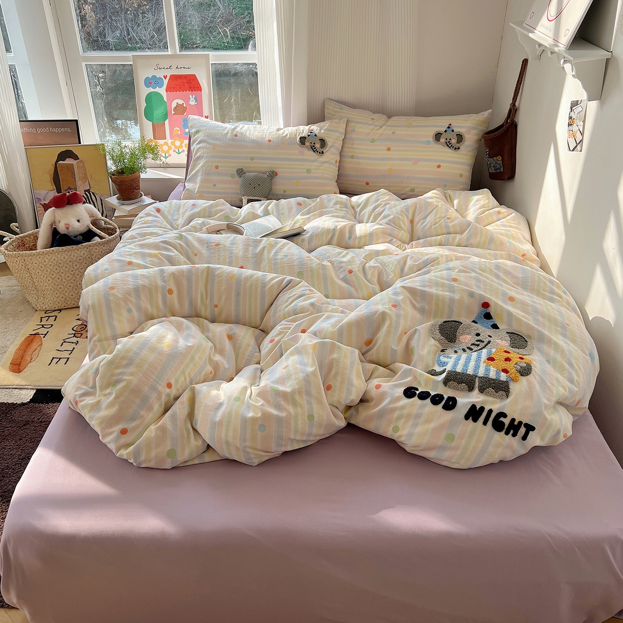 91家纺网 家纺一手货源 找家纺 沐芷 2026 【提供买家秀】水洗棉四件套毛巾绣A类仿棉床上用品床单被套三件套可爱小清新 毛巾绣-晚安小象