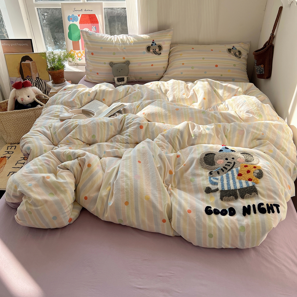 91家纺网 家纺一手货源 找家纺 沐芷 2026 【提供买家秀】水洗棉四件套毛巾绣A类仿棉床上用品床单被套三件套可爱小清新 毛巾绣-晚安小象