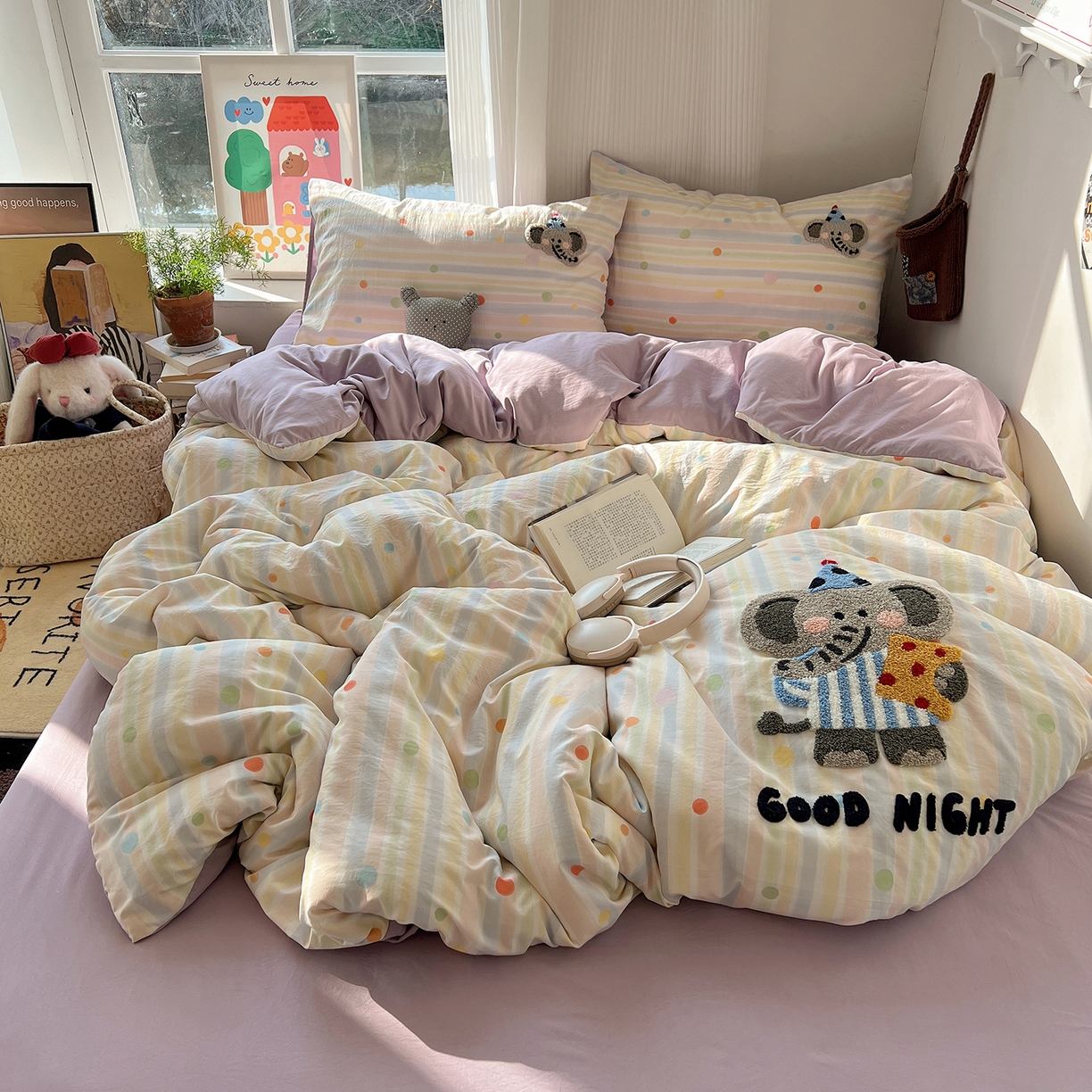 91家纺网 家纺一手货源 找家纺 沐芷 2026 【提供买家秀】水洗棉四件套毛巾绣A类仿棉床上用品床单被套三件套可爱小清新 毛巾绣-晚安小象