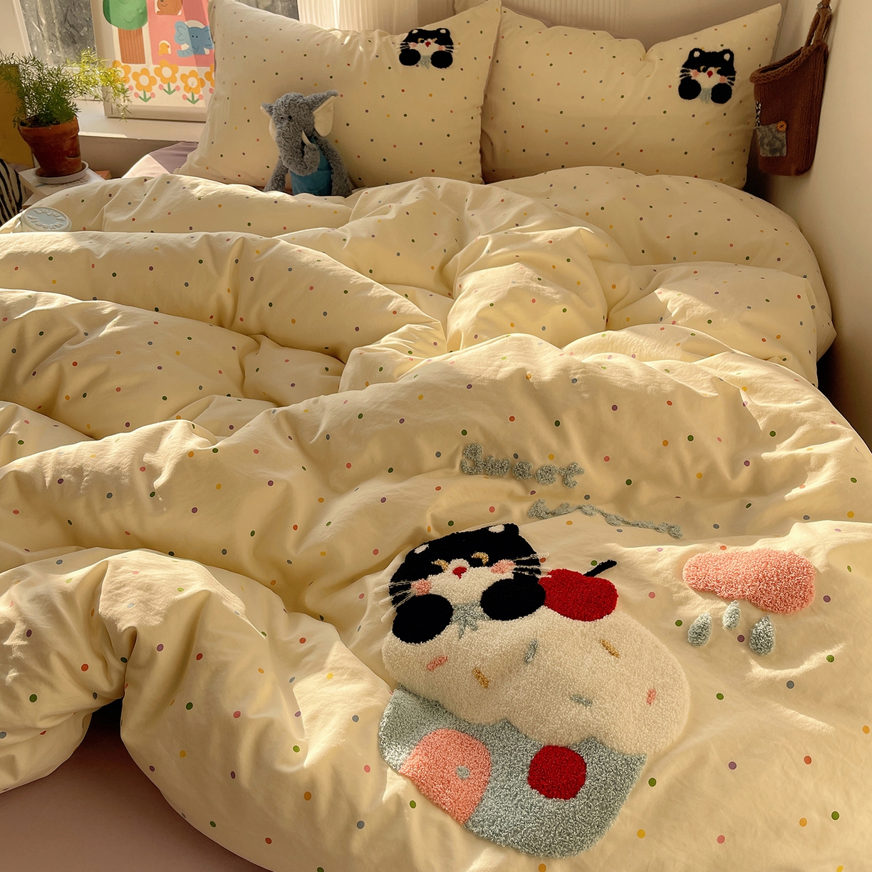 91家纺网 家纺一手货源 找家纺 沐芷 2026 【提供买家秀】水洗棉四件套毛巾绣A类仿棉床上用品床单被套三件套可爱小清新 毛巾绣-猫咪小窝