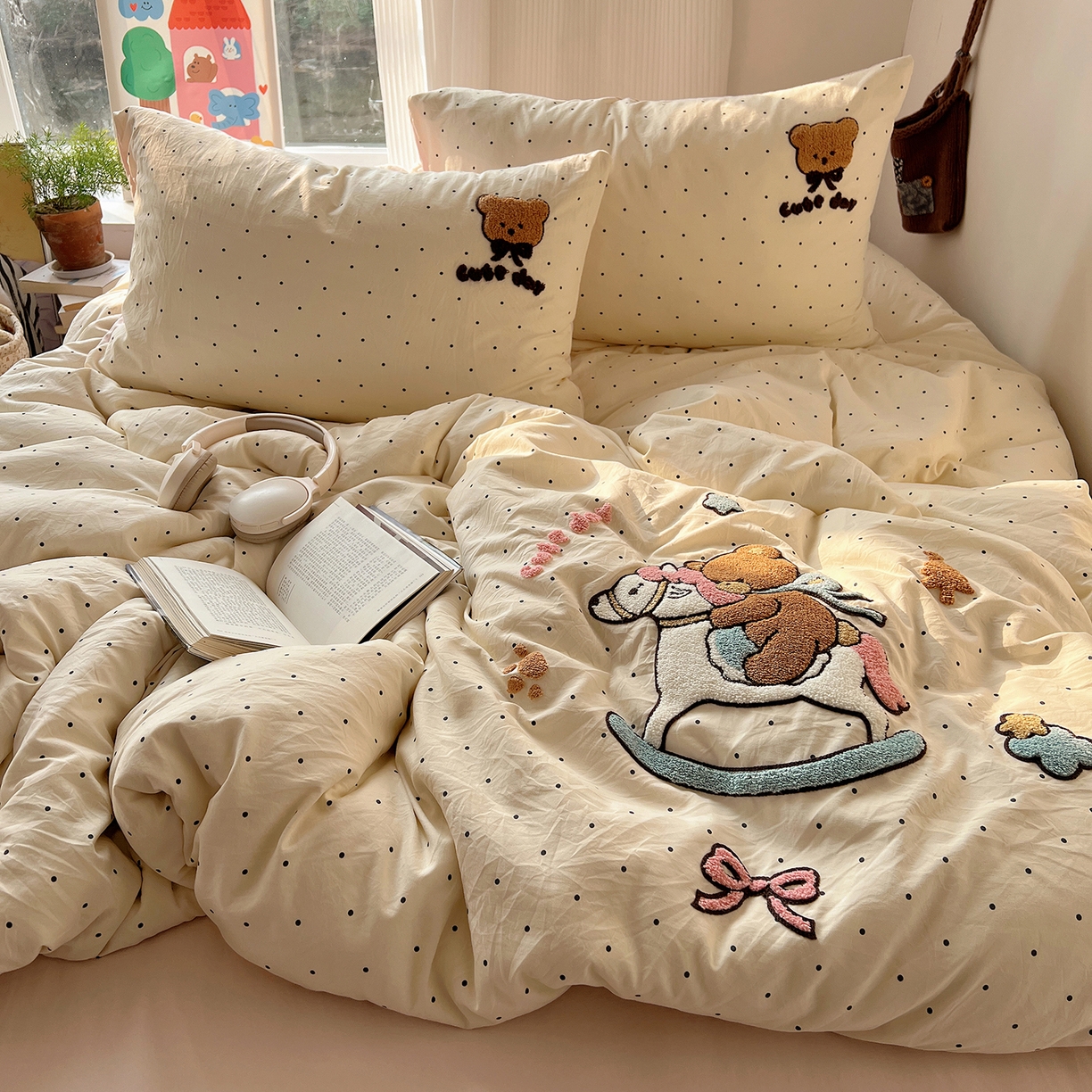 91家纺网 家纺一手货源 找家纺 沐芷 2026 【提供买家秀】水洗棉四件套毛巾绣A类仿棉床上用品床单被套三件套可爱小清新 毛巾绣-木马小熊