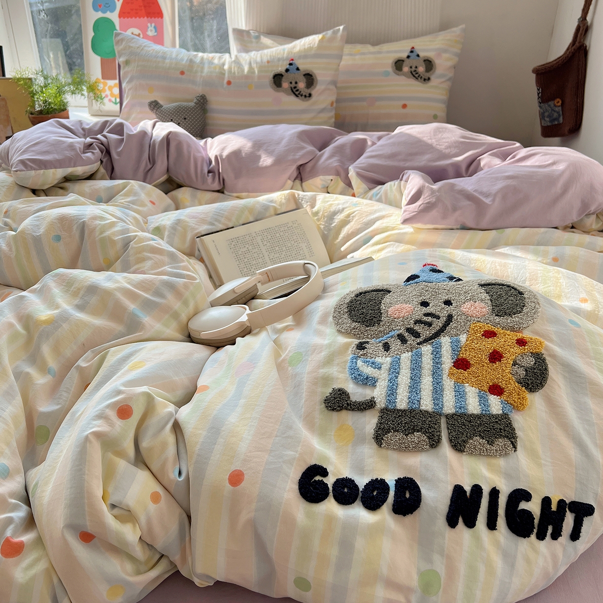 91家纺网 家纺一手货源 找家纺 沐芷 2026 【提供买家秀】水洗棉四件套毛巾绣A类仿棉床上用品床单被套三件套可爱小清新 毛巾绣-晚安小象