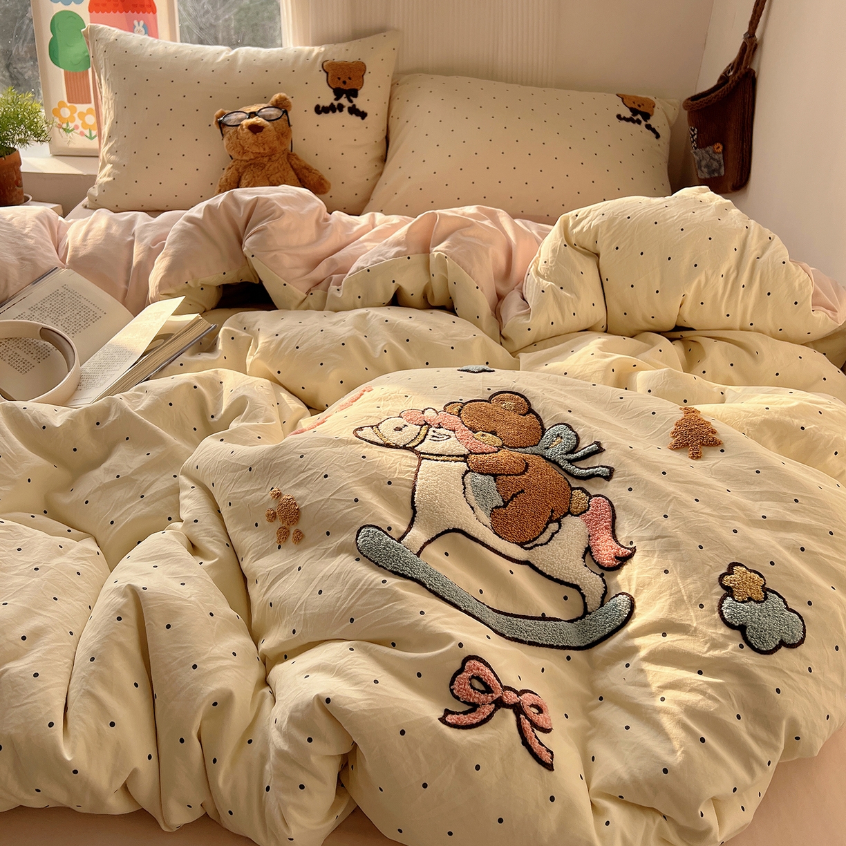 沐芷 2026 【提供买家秀】水洗棉四件套毛巾绣A类仿棉床上用品床单被套三件套可爱小清新 毛巾绣-木马小熊