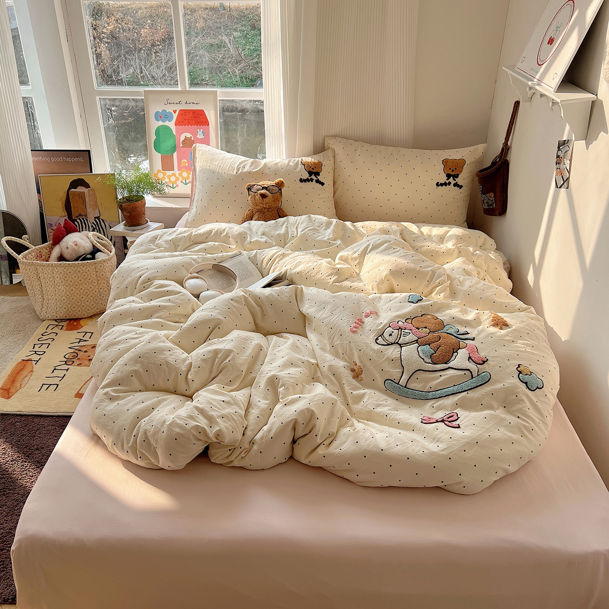 91家纺网 家纺一手货源 找家纺 沐芷 2026 【提供买家秀】水洗棉四件套毛巾绣A类仿棉床上用品床单被套三件套可爱小清新 毛巾绣-木马小熊