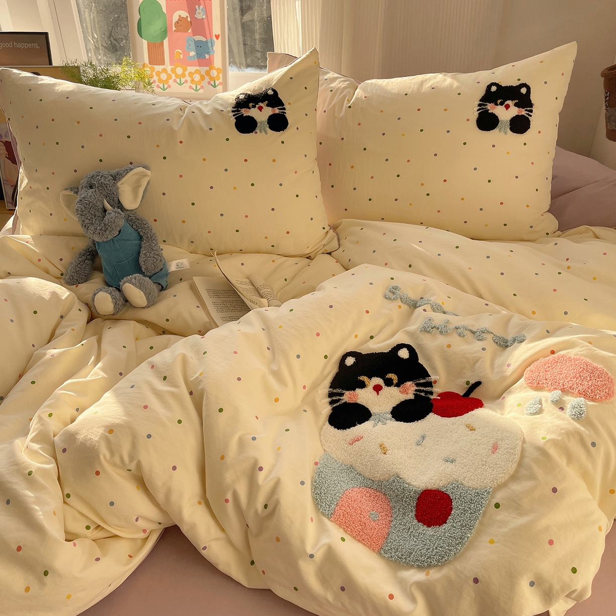 91家纺网 家纺一手货源 找家纺 沐芷 2026 【提供买家秀】水洗棉四件套毛巾绣A类仿棉床上用品床单被套三件套可爱小清新 毛巾绣-猫咪小窝