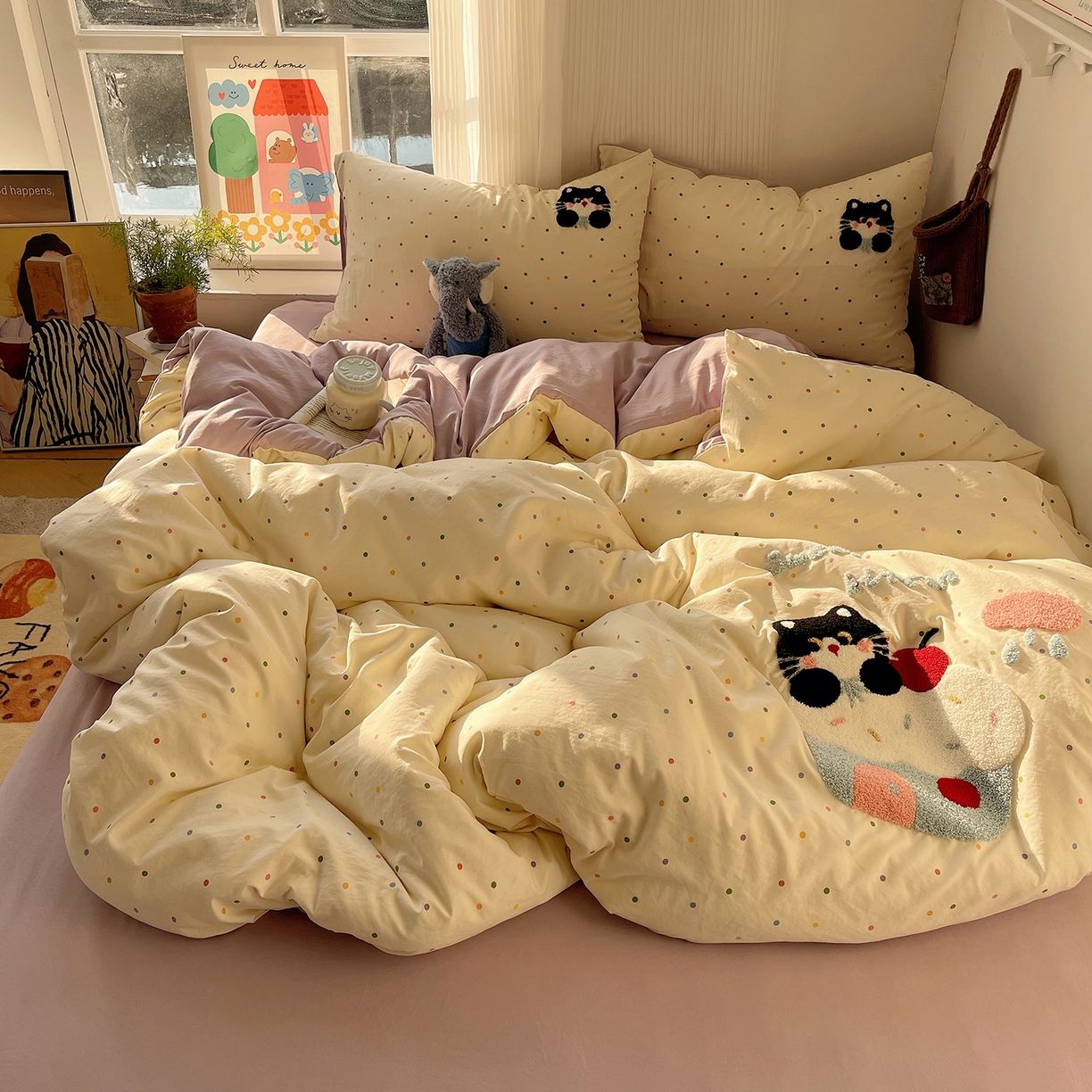 91家纺网 家纺一手货源 找家纺 沐芷 2026 【提供买家秀】水洗棉四件套毛巾绣A类仿棉床上用品床单被套三件套可爱小清新 毛巾绣-猫咪小窝