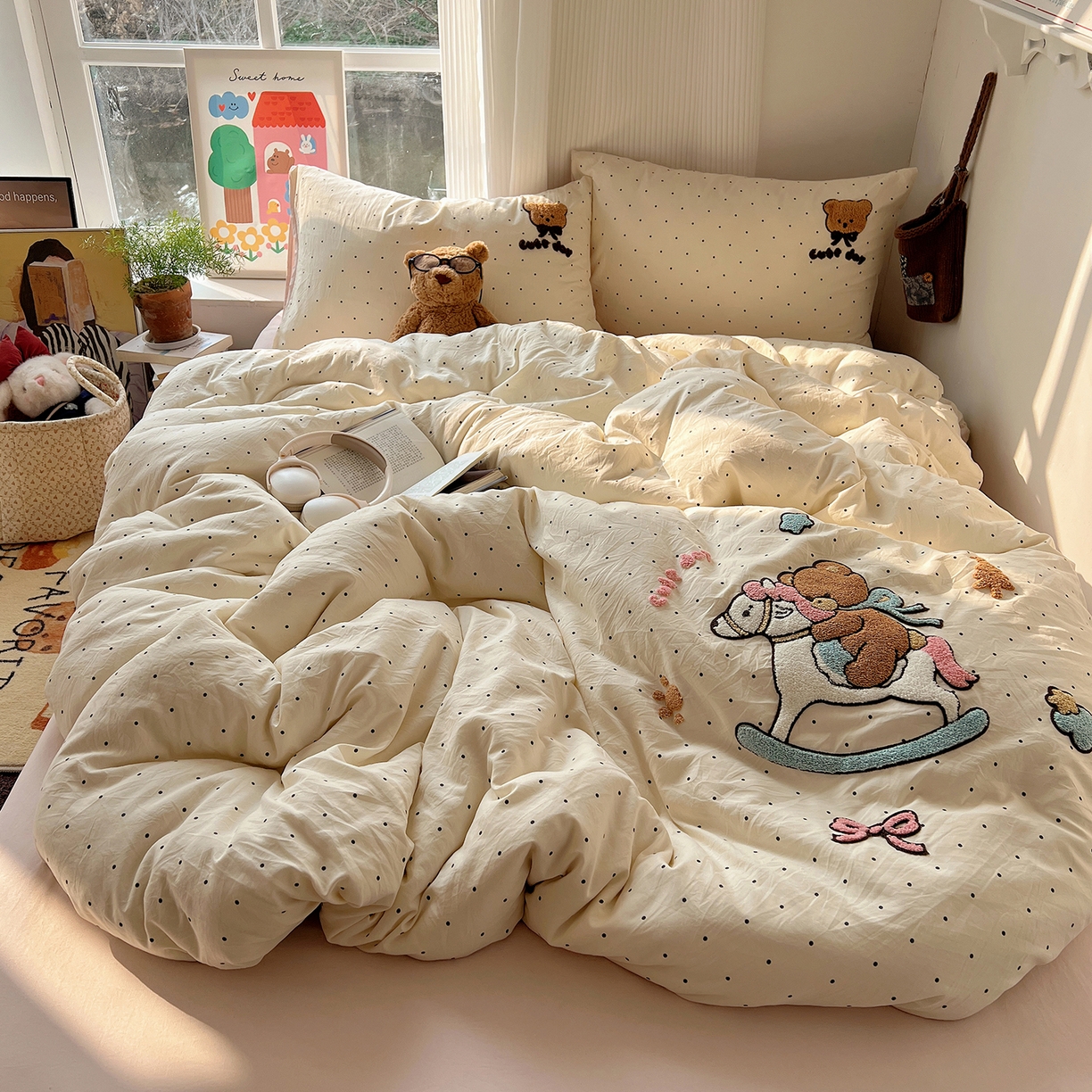 91家纺网 家纺一手货源 找家纺 沐芷 2026 【提供买家秀】水洗棉四件套毛巾绣A类仿棉床上用品床单被套三件套可爱小清新 毛巾绣-木马小熊