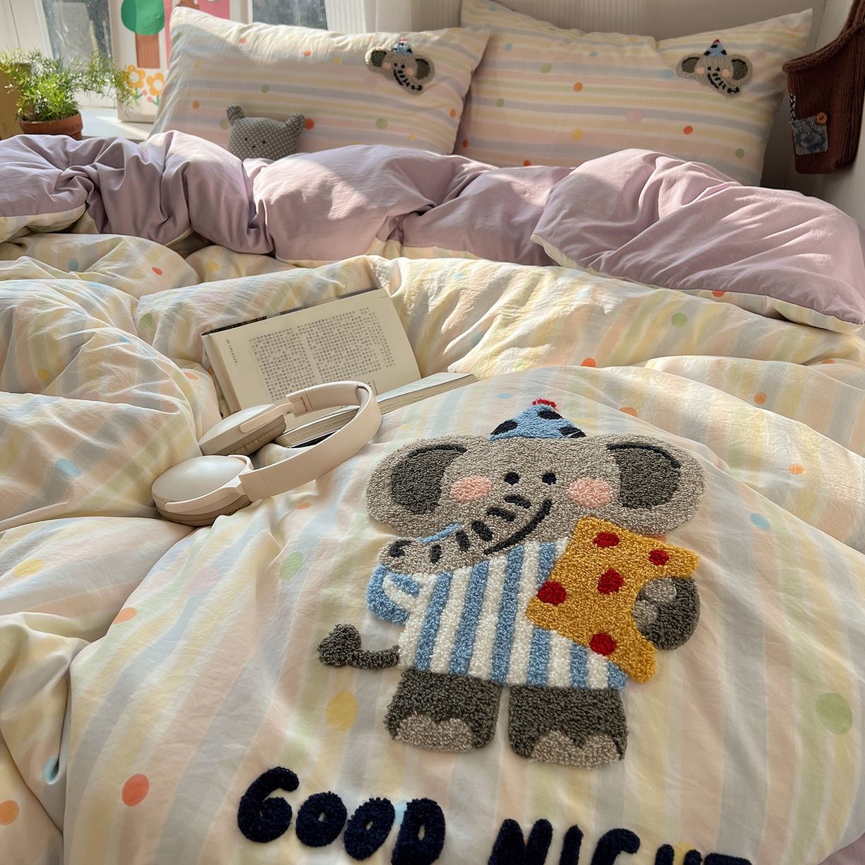 91家纺网 家纺一手货源 找家纺 沐芷 2026 【提供买家秀】水洗棉四件套毛巾绣A类仿棉床上用品床单被套三件套可爱小清新 毛巾绣-晚安小象