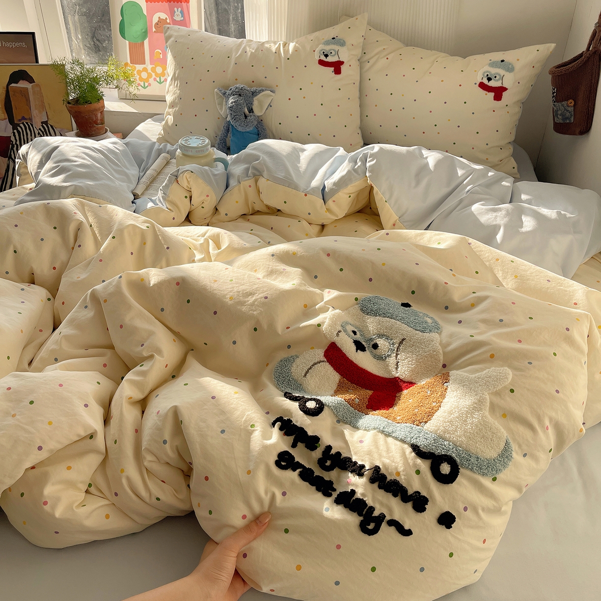 91家纺网 家纺一手货源 找家纺 沐芷 2026 【提供买家秀】水洗棉四件套毛巾绣A类仿棉床上用品床单被套三件套可爱小清新 毛巾绣-滑板出行