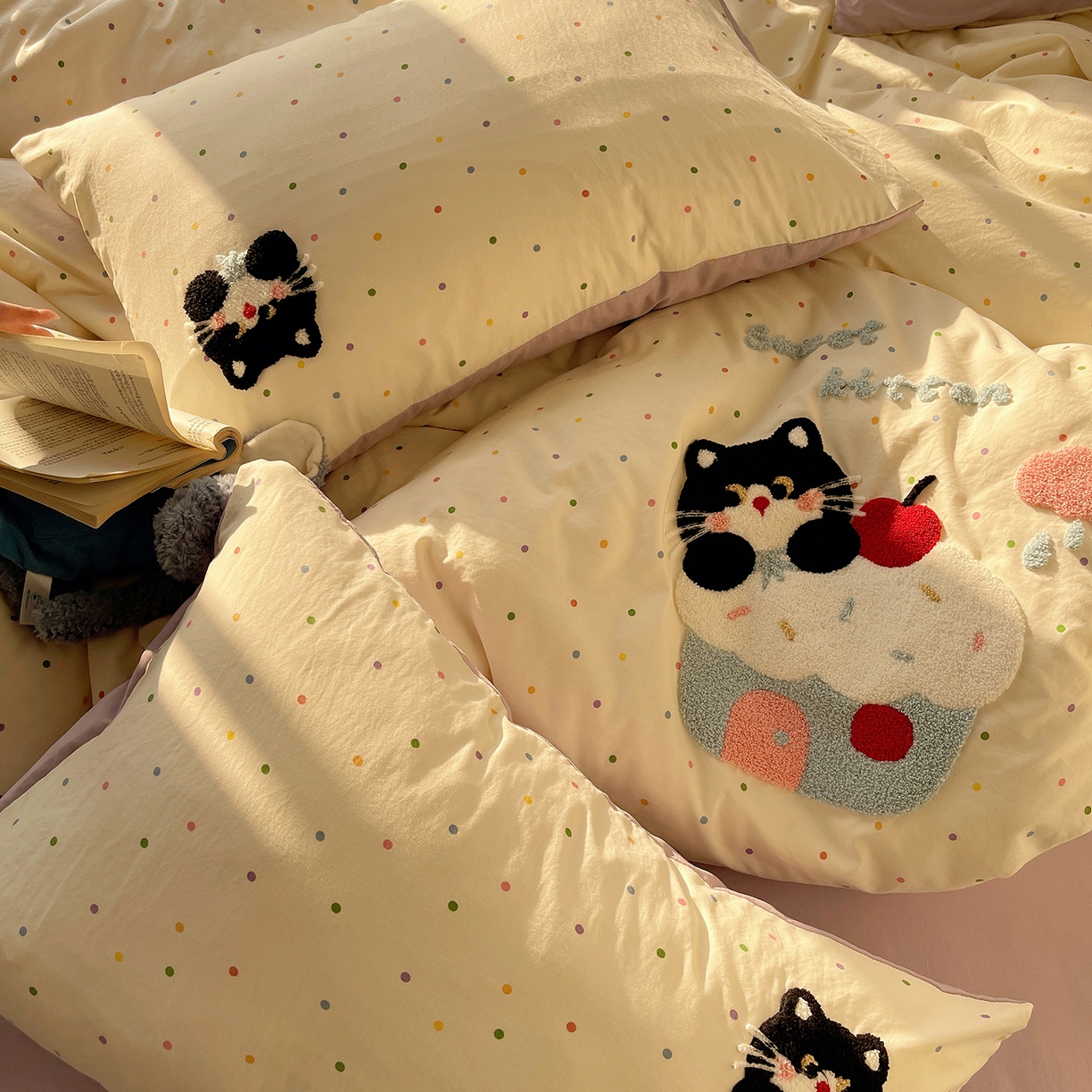 91家纺网 家纺一手货源 找家纺 沐芷 2026 【提供买家秀】水洗棉四件套毛巾绣A类仿棉床上用品床单被套三件套可爱小清新 毛巾绣-猫咪小窝