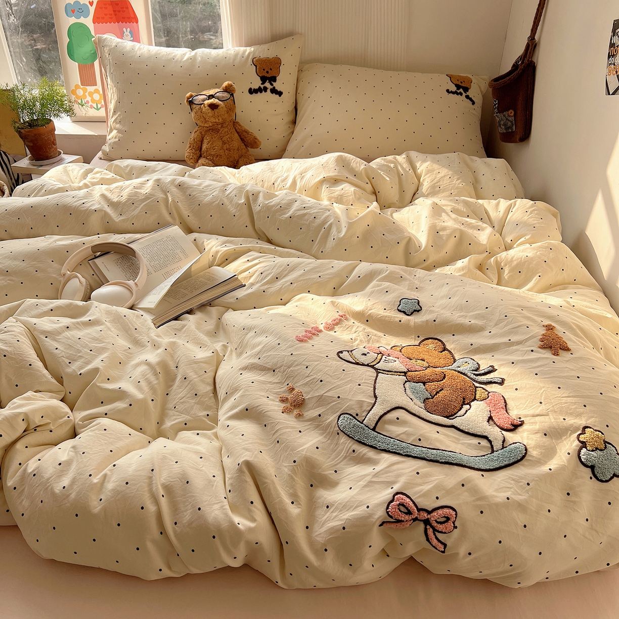 91家纺网 家纺一手货源 找家纺 沐芷 2026 【提供买家秀】水洗棉四件套毛巾绣A类仿棉床上用品床单被套三件套可爱小清新 毛巾绣-木马小熊