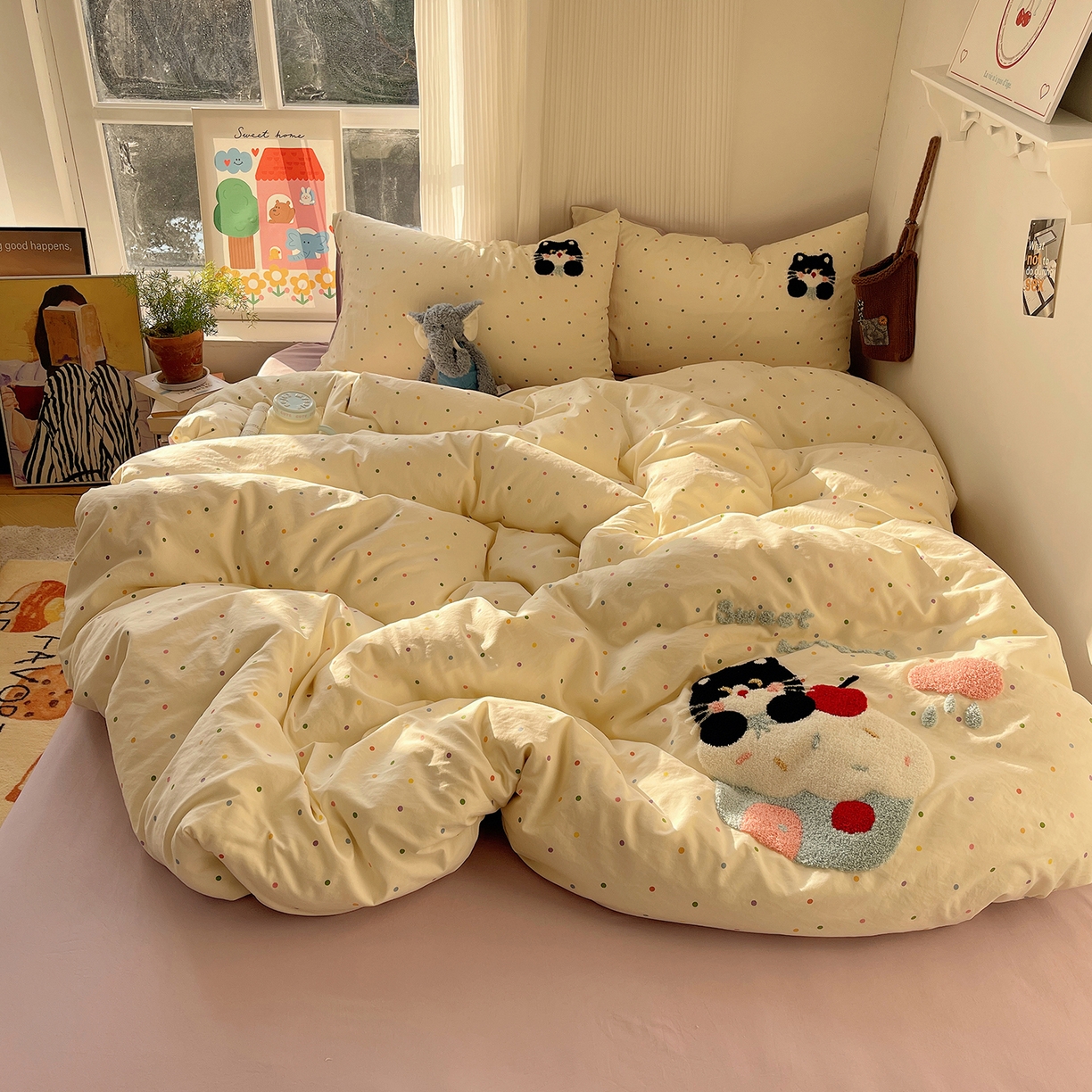 91家纺网 家纺一手货源 找家纺 沐芷 2026 【提供买家秀】水洗棉四件套毛巾绣A类仿棉床上用品床单被套三件套可爱小清新 毛巾绣-猫咪小窝