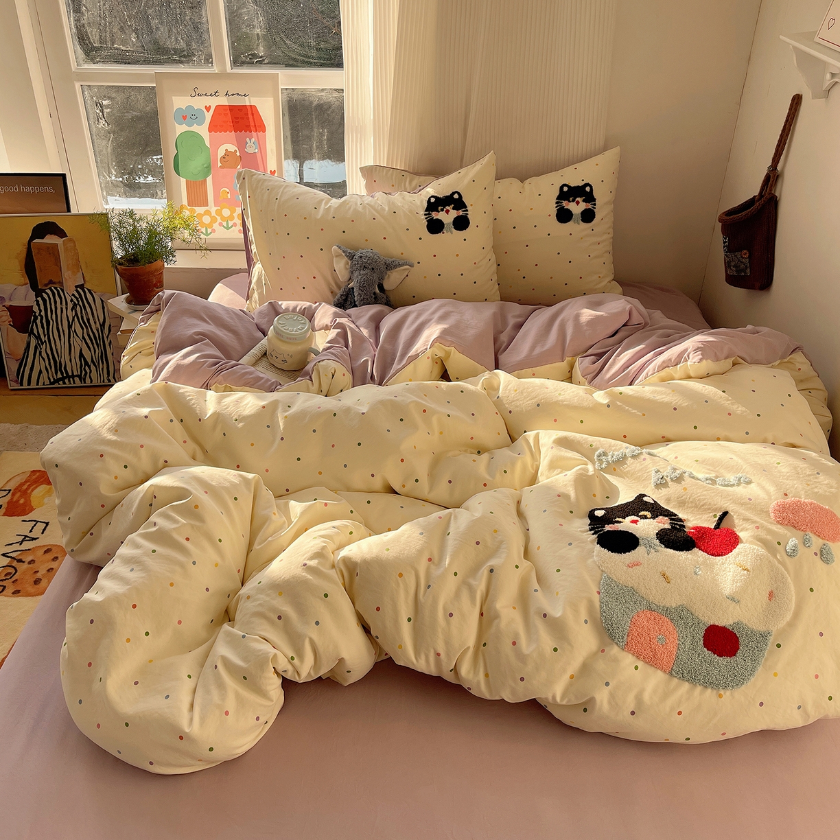 91家纺网 家纺一手货源 找家纺 沐芷 2026 【提供买家秀】水洗棉四件套毛巾绣A类仿棉床上用品床单被套三件套可爱小清新 毛巾绣-猫咪小窝