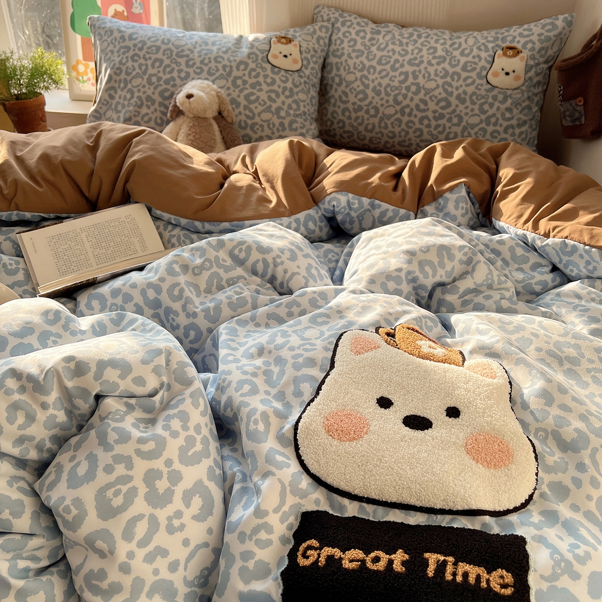 91家纺网 家纺一手货源 找家纺 沐芷 2026 【提供买家秀】水洗棉四件套毛巾绣A类仿棉床上用品床单被套三件套可爱小清新 毛巾绣-豹纹咖啡