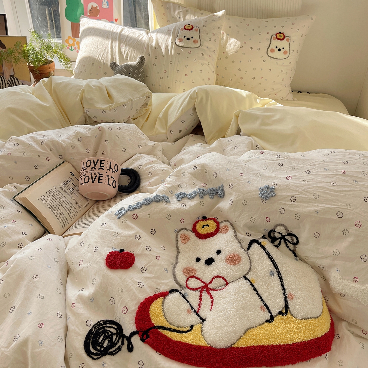 91家纺网 家纺一手货源 找家纺 沐芷 2026 【提供买家秀】水洗棉四件套毛巾绣A类仿棉床上用品床单被套三件套可爱小清新 毛巾绣-线球大作战