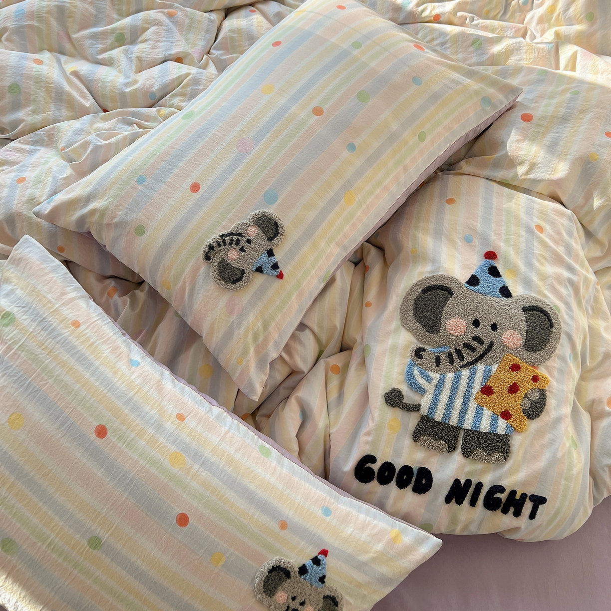 91家纺网 家纺一手货源 找家纺 沐芷 2026 【提供买家秀】水洗棉四件套毛巾绣A类仿棉床上用品床单被套三件套可爱小清新 毛巾绣-晚安小象