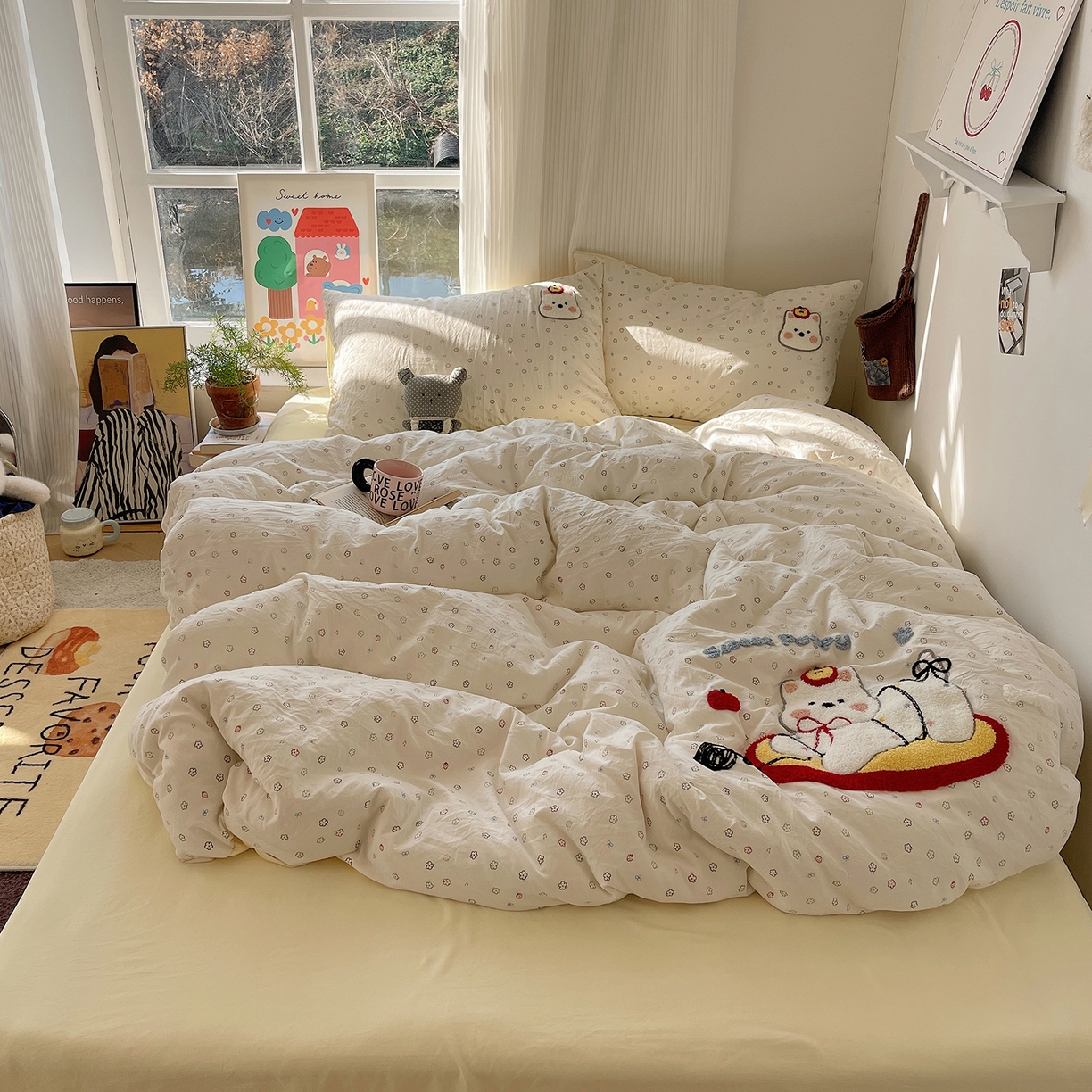 91家纺网 家纺一手货源 找家纺 沐芷 2026 【提供买家秀】水洗棉四件套毛巾绣A类仿棉床上用品床单被套三件套可爱小清新 毛巾绣-线球大作战