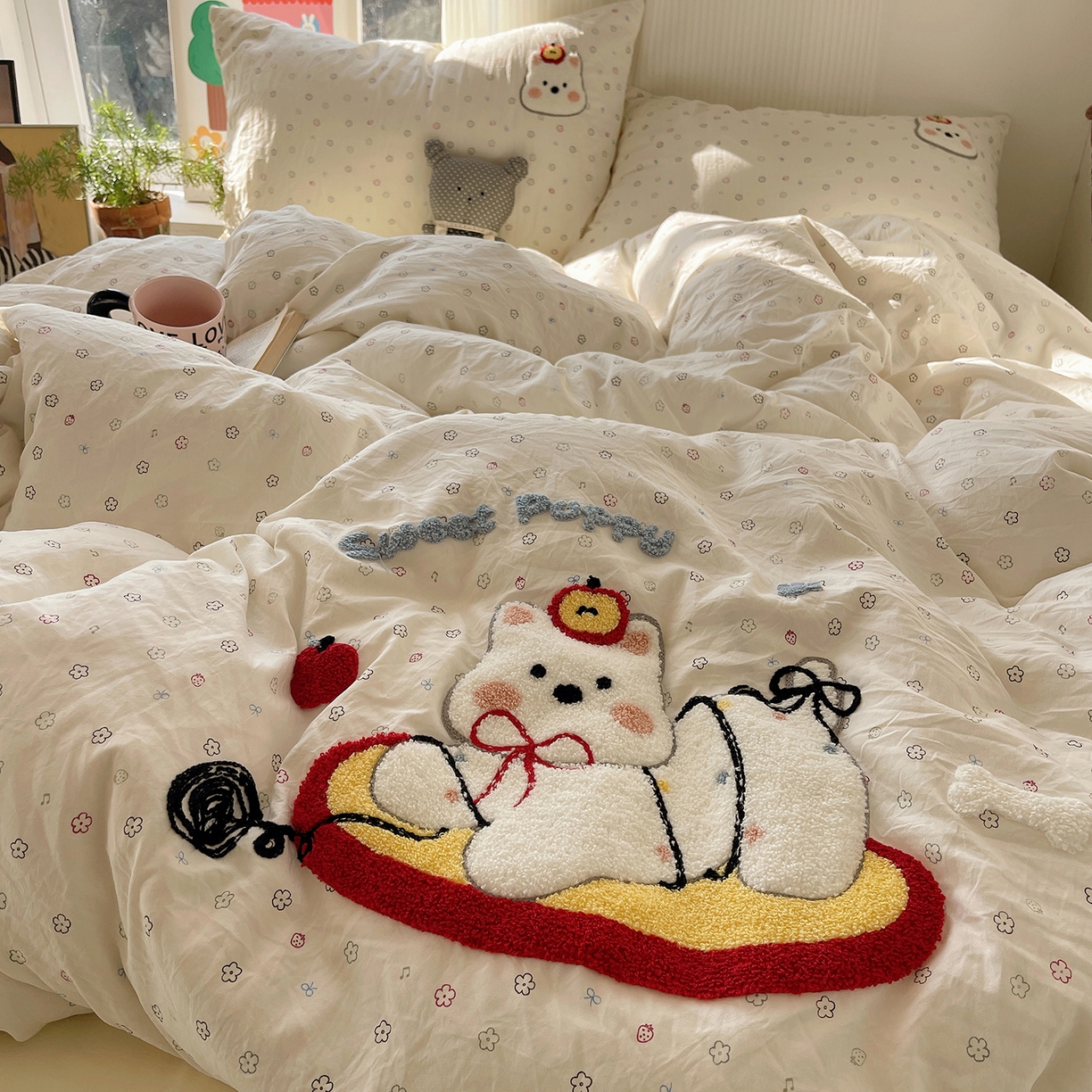 91家纺网 家纺一手货源 找家纺 沐芷 2026 【提供买家秀】水洗棉四件套毛巾绣A类仿棉床上用品床单被套三件套可爱小清新 毛巾绣-线球大作战