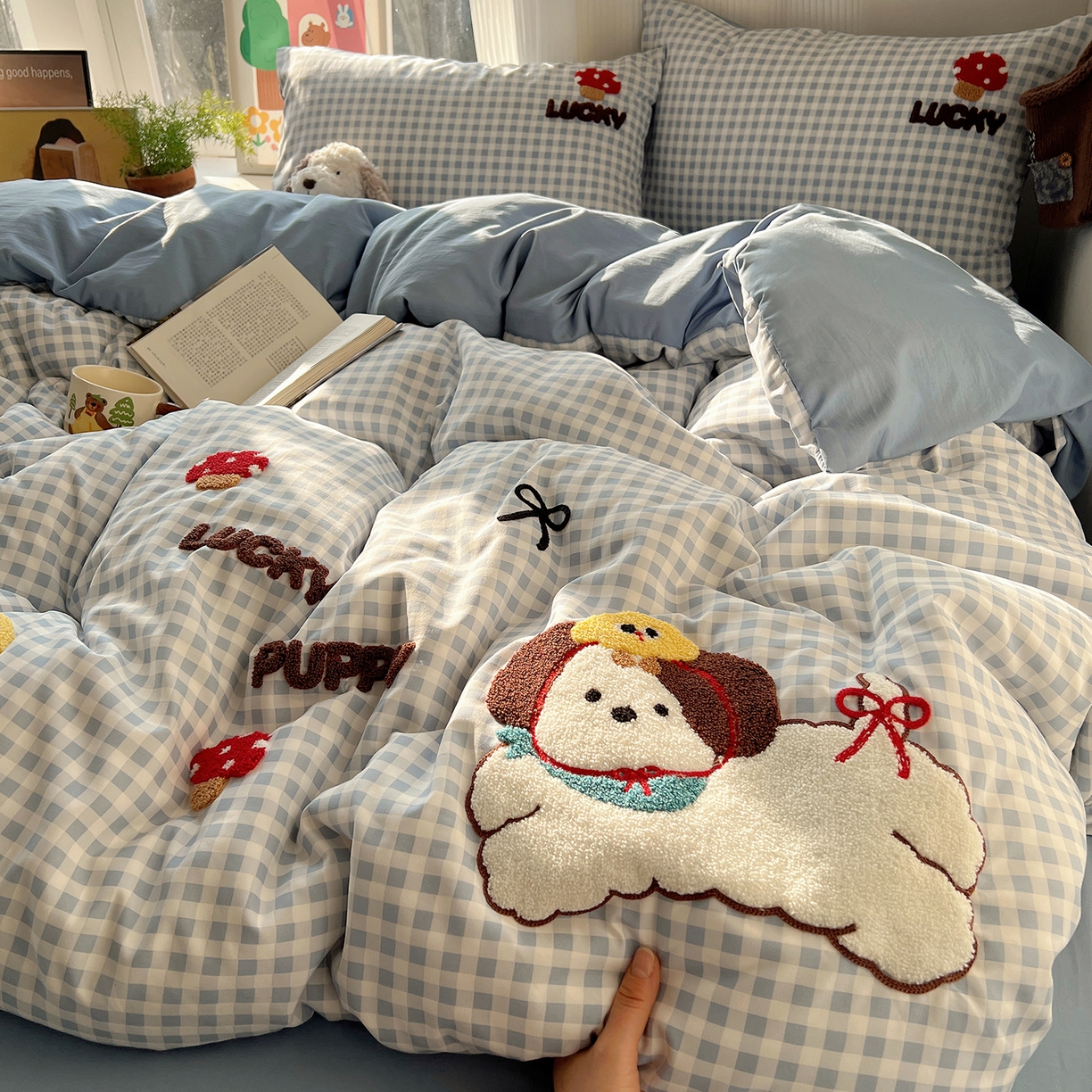 91家纺网 家纺一手货源 找家纺 沐芷 2026 【提供买家秀】水洗棉四件套毛巾绣A类仿棉床上用品床单被套三件套可爱小清新 毛巾绣-蘑菇园