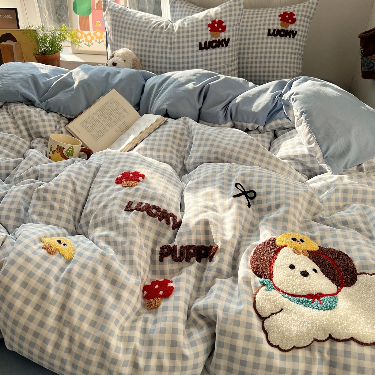 91家纺网 家纺一手货源 找家纺 沐芷 2026 【提供买家秀】水洗棉四件套毛巾绣A类仿棉床上用品床单被套三件套可爱小清新 毛巾绣-蘑菇园