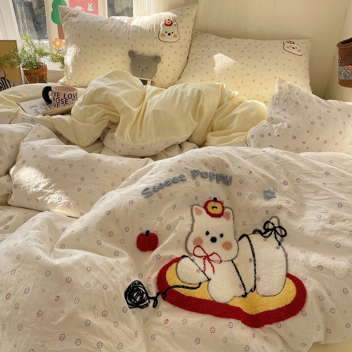 91家纺网 家纺一手货源 找家纺 沐芷 2026 【提供买家秀】水洗棉四件套毛巾绣A类仿棉床上用品床单被套三件套可爱小清新 毛巾绣-线球大作战