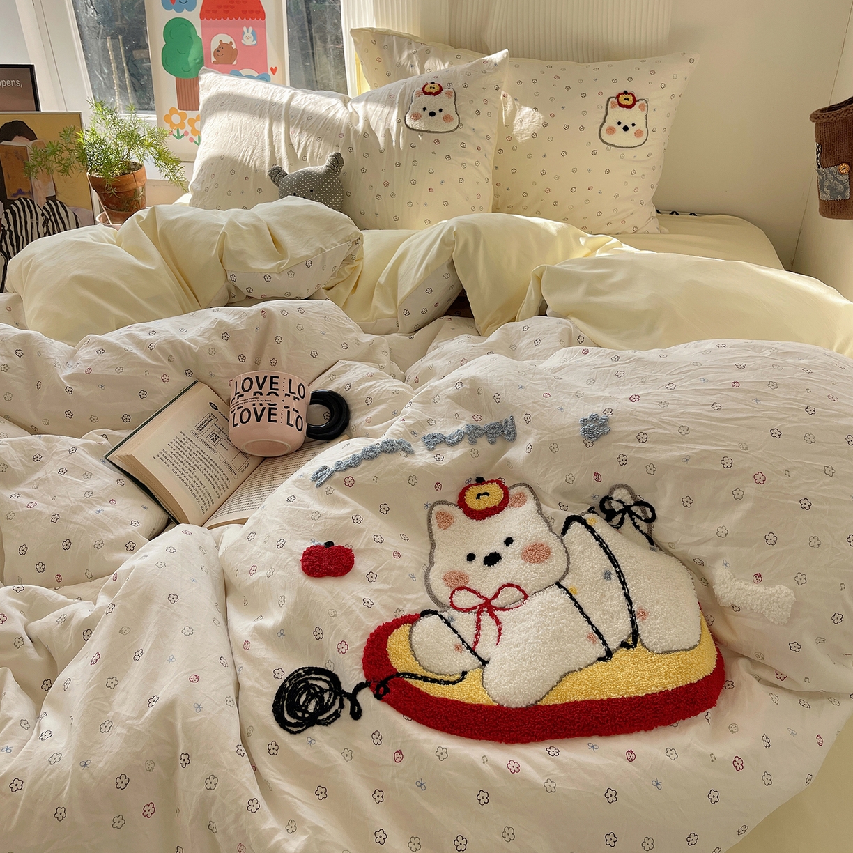 91家纺网 家纺一手货源 找家纺 沐芷 2026 【提供买家秀】水洗棉四件套毛巾绣A类仿棉床上用品床单被套三件套可爱小清新 毛巾绣-线球大作战