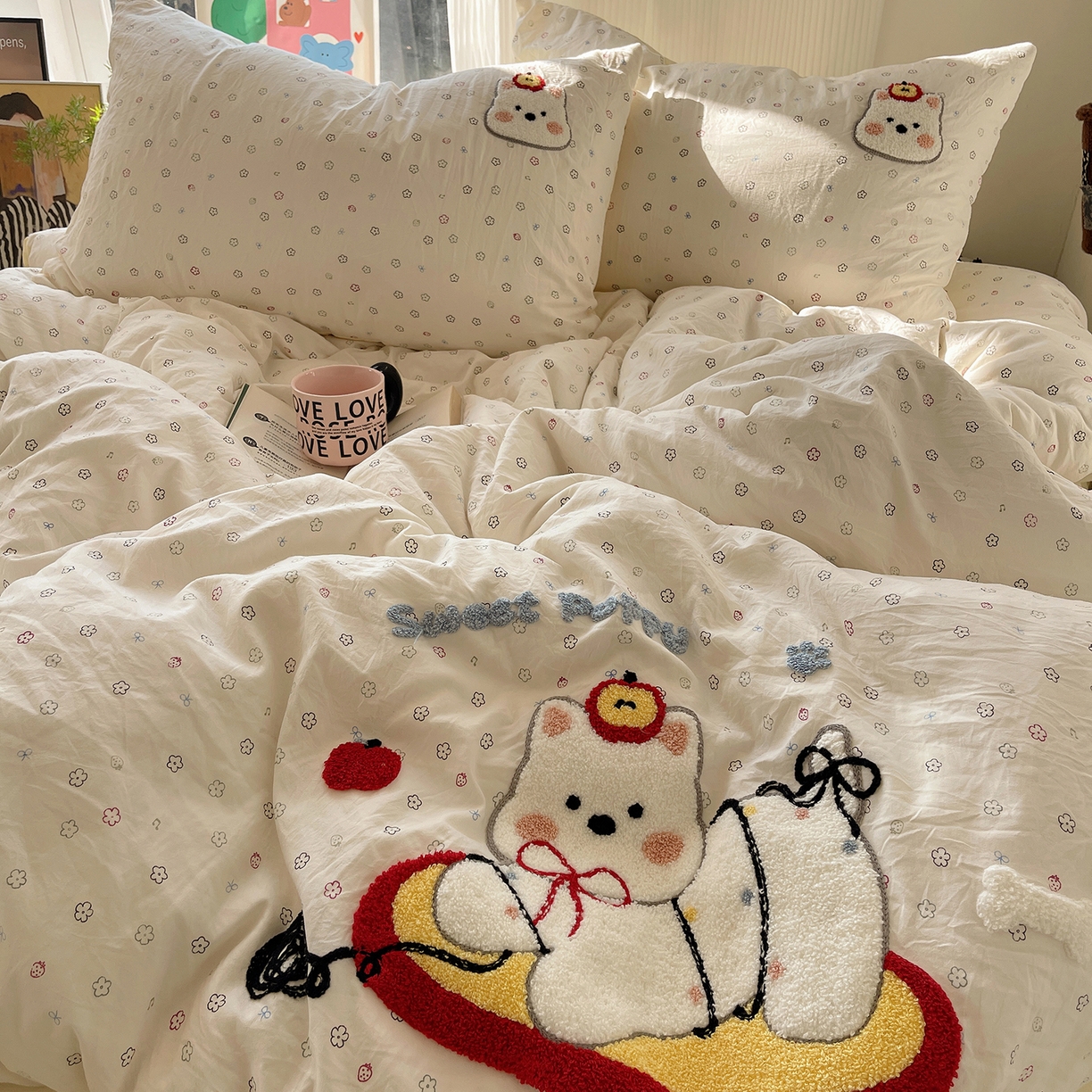 91家纺网 家纺一手货源 找家纺 沐芷 2026 【提供买家秀】水洗棉四件套毛巾绣A类仿棉床上用品床单被套三件套可爱小清新 毛巾绣-线球大作战