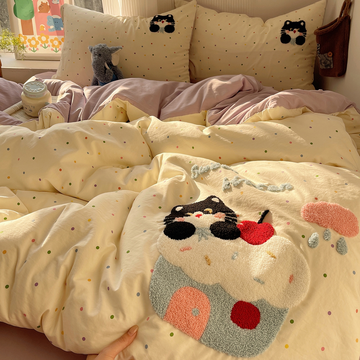 91家纺网 家纺一手货源 找家纺 沐芷 2026 【提供买家秀】水洗棉四件套毛巾绣A类仿棉床上用品床单被套三件套可爱小清新 毛巾绣-猫咪小窝