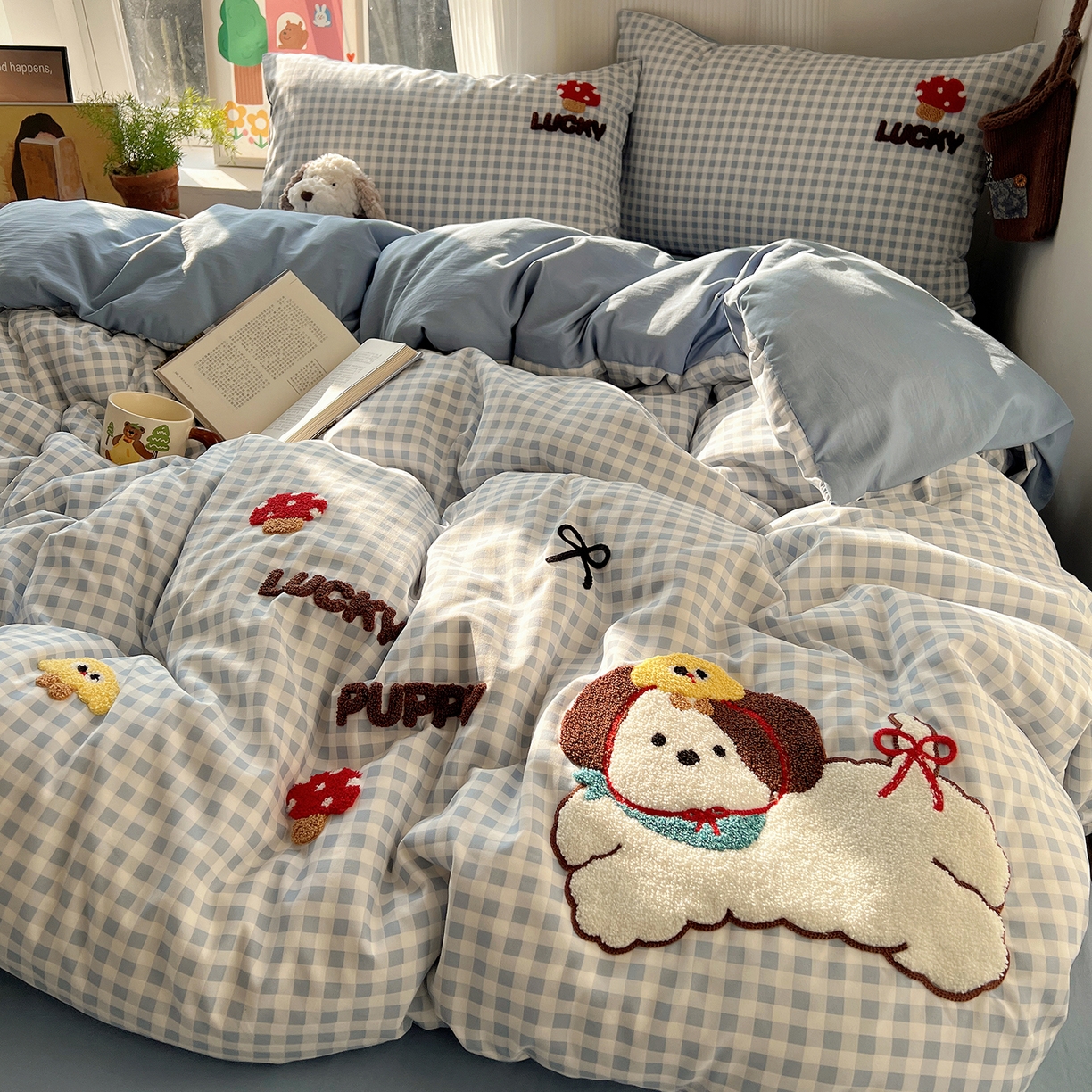 91家纺网 家纺一手货源 找家纺 沐芷 2026 【提供买家秀】水洗棉四件套毛巾绣A类仿棉床上用品床单被套三件套可爱小清新 毛巾绣-蘑菇园