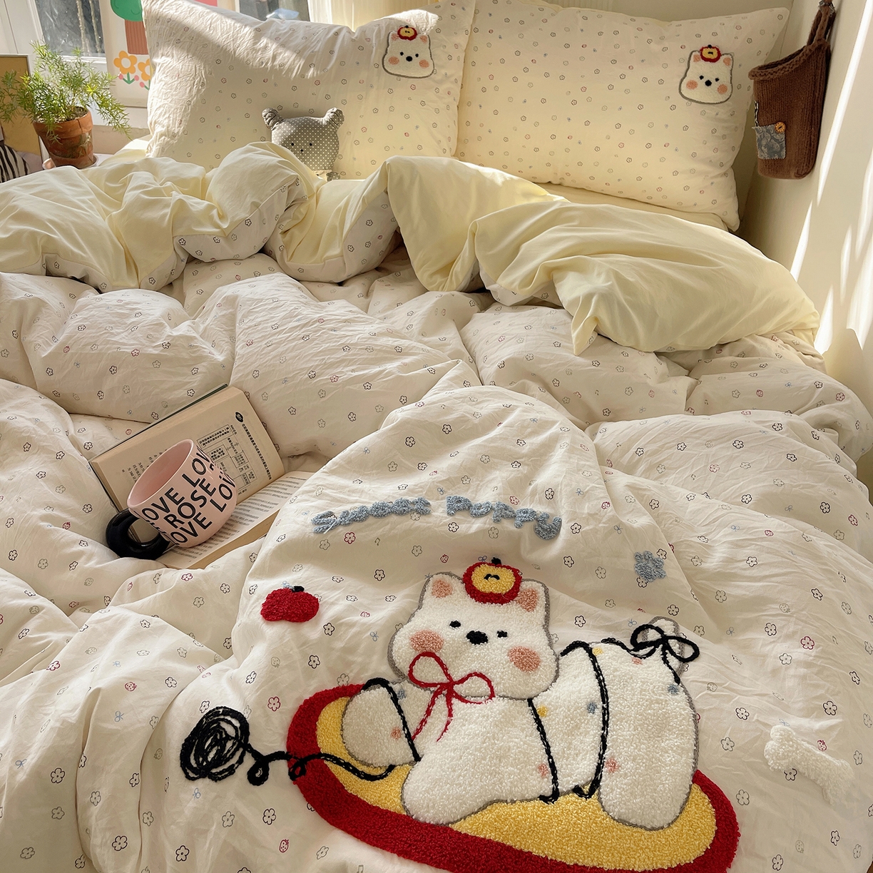 91家纺网 家纺一手货源 找家纺 沐芷 2026 【提供买家秀】水洗棉四件套毛巾绣A类仿棉床上用品床单被套三件套可爱小清新 毛巾绣-线球大作战