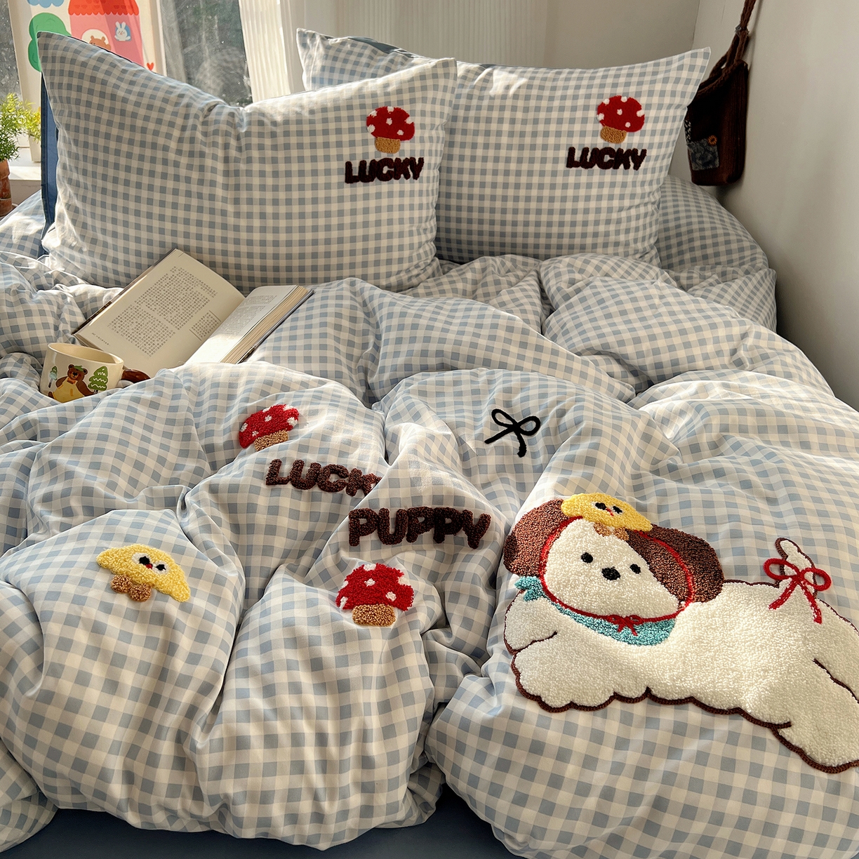 91家纺网 家纺一手货源 找家纺 沐芷 2026 【提供买家秀】水洗棉四件套毛巾绣A类仿棉床上用品床单被套三件套可爱小清新 毛巾绣-蘑菇园