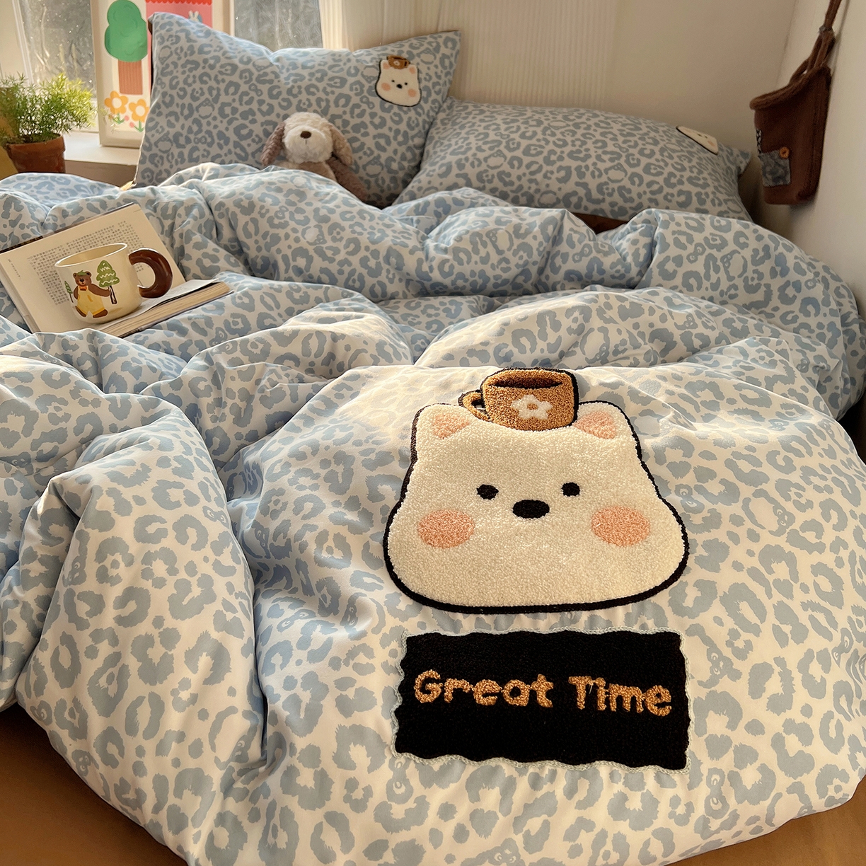 91家纺网 家纺一手货源 找家纺 沐芷 2026 【提供买家秀】水洗棉四件套毛巾绣A类仿棉床上用品床单被套三件套可爱小清新 毛巾绣-豹纹咖啡