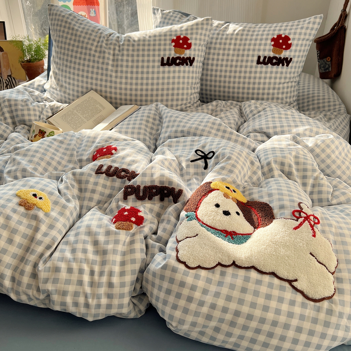 91家纺网 家纺一手货源 找家纺 沐芷 2026 【提供买家秀】水洗棉四件套毛巾绣A类仿棉床上用品床单被套三件套可爱小清新 毛巾绣-蘑菇园